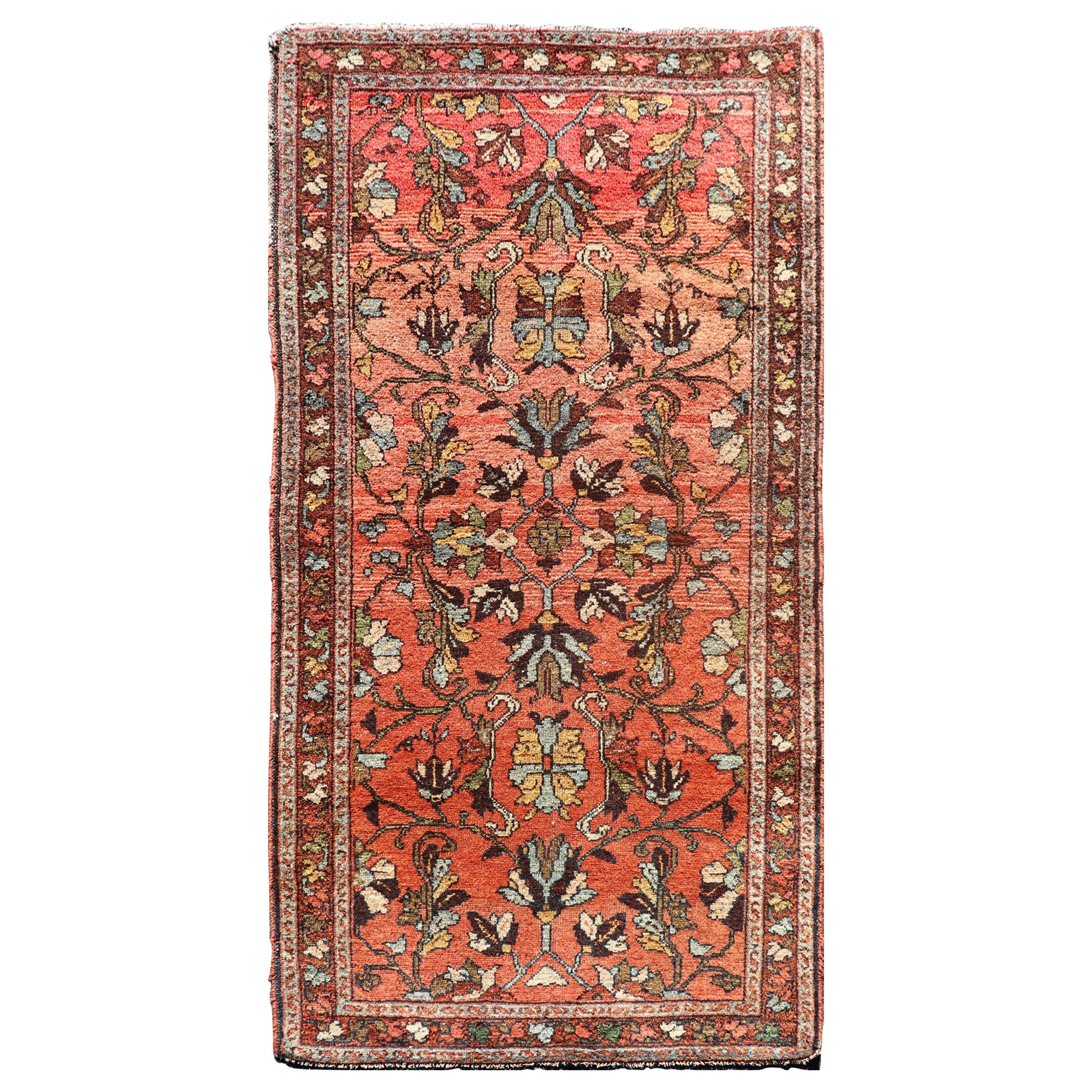 Antique Persian Hamadan Carpet with Floral Designs in Soft Orange Red and Brown