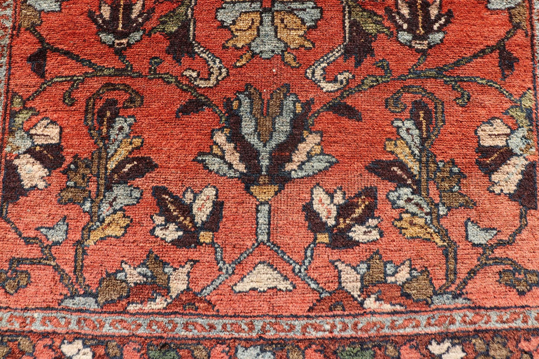 Antique Persian Hamadan Carpet with Floral Designs in Soft Orange Red and Brown For Sale 3