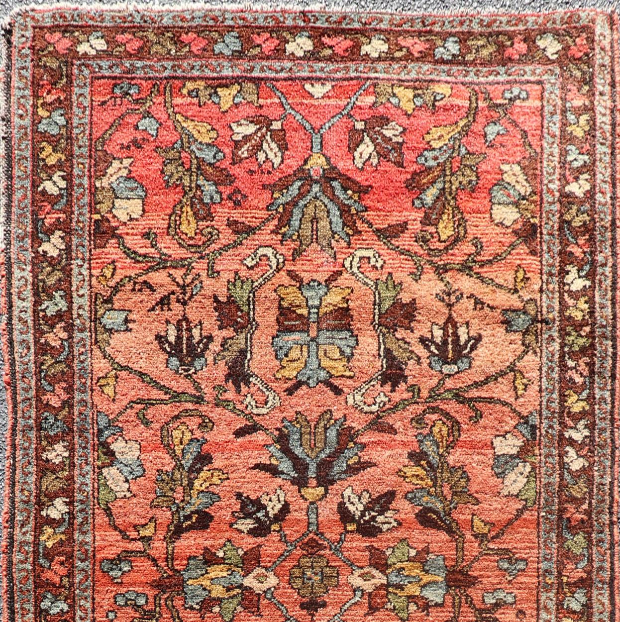 Antique Hamadan rug in sub floral all-over design rug R20-1008, country of origin / Hamadan, circa 1920.

This magnificent Hamadan features beautiful coloration, including tones of orange, yellow, and chocolate brown. The border consists of a