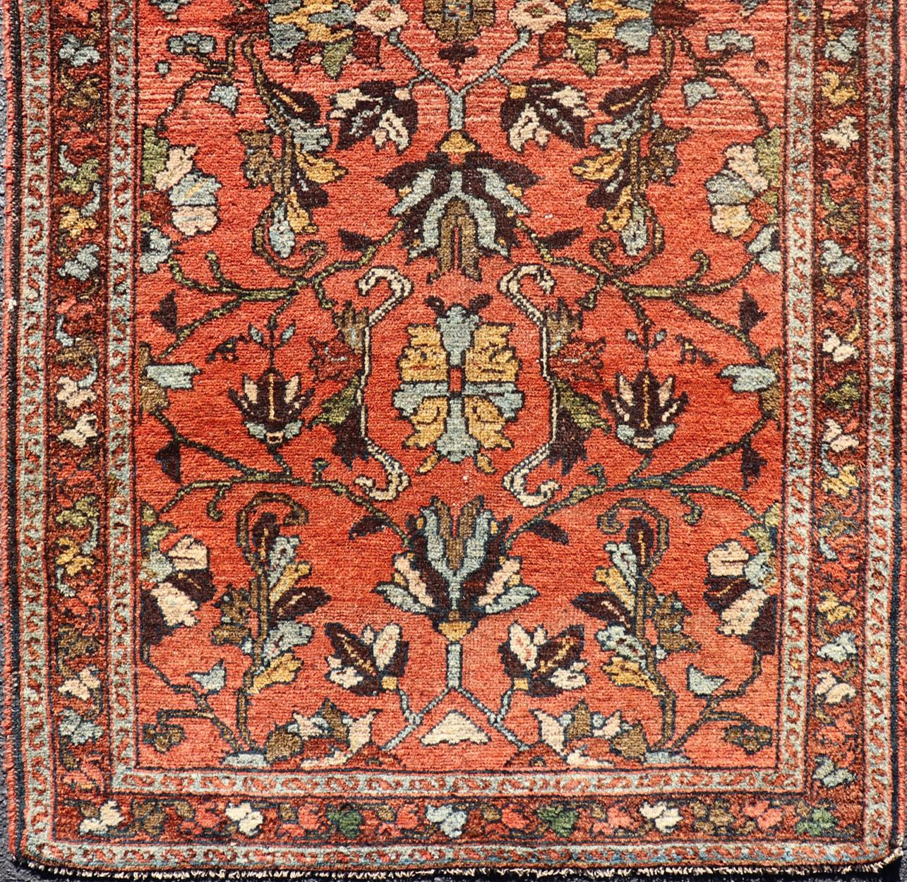 Malayer Antique Persian Hamadan Carpet with Floral Designs in Soft Orange Red and Brown For Sale