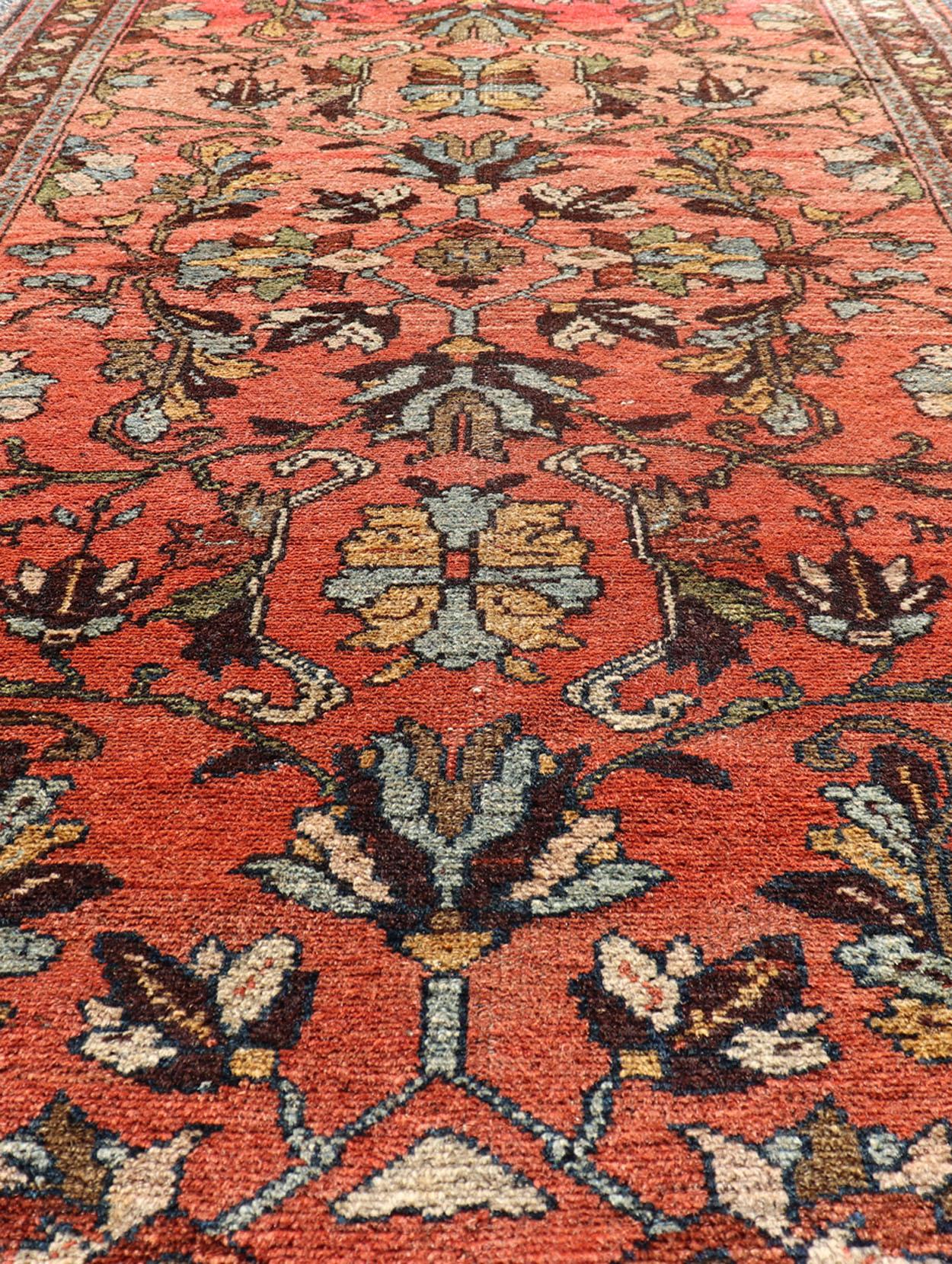 Hand-Knotted Antique Persian Hamadan Carpet with Floral Designs in Soft Orange Red and Brown For Sale