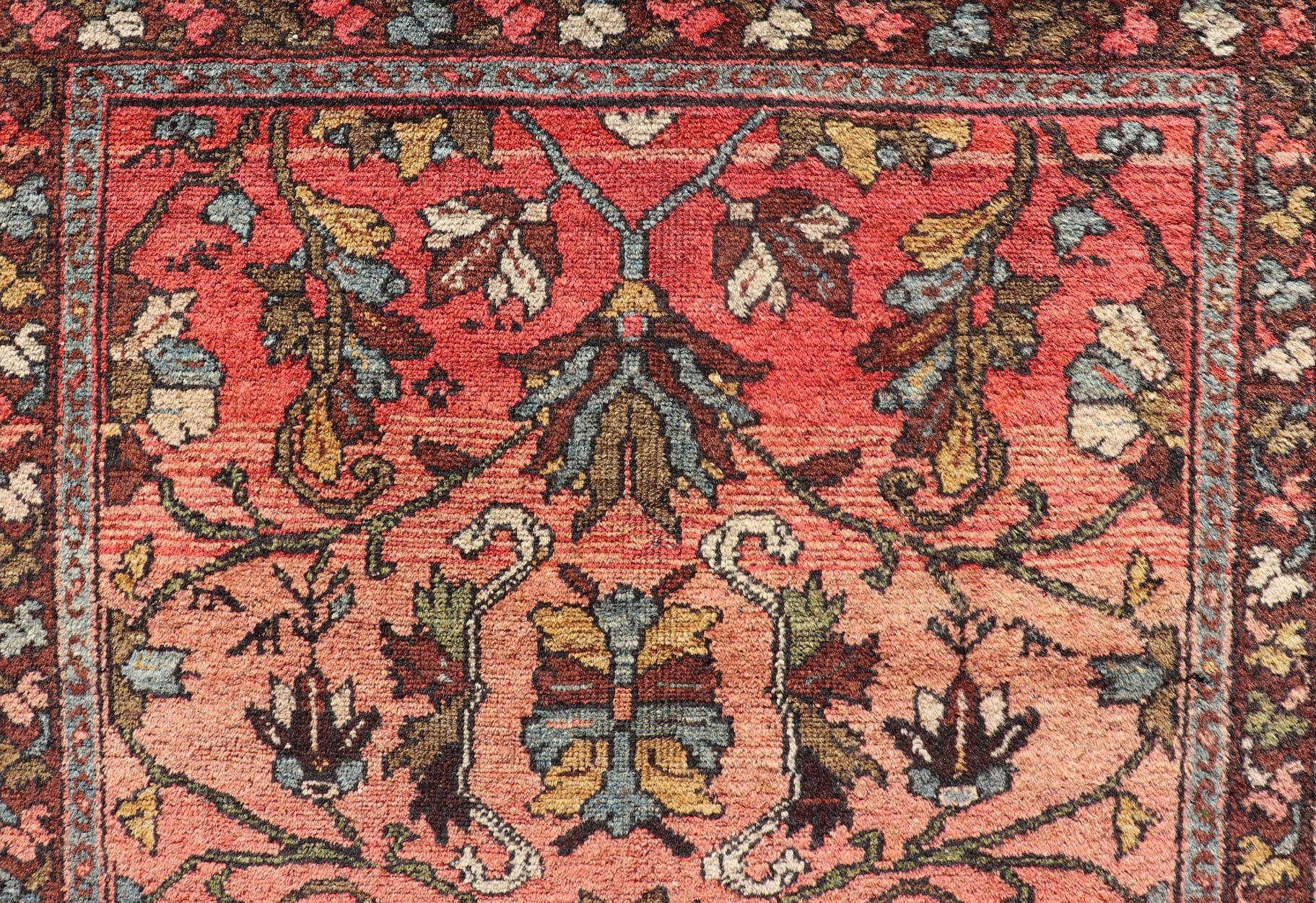 Early 20th Century Antique Persian Hamadan Carpet with Floral Designs in Soft Orange Red and Brown For Sale