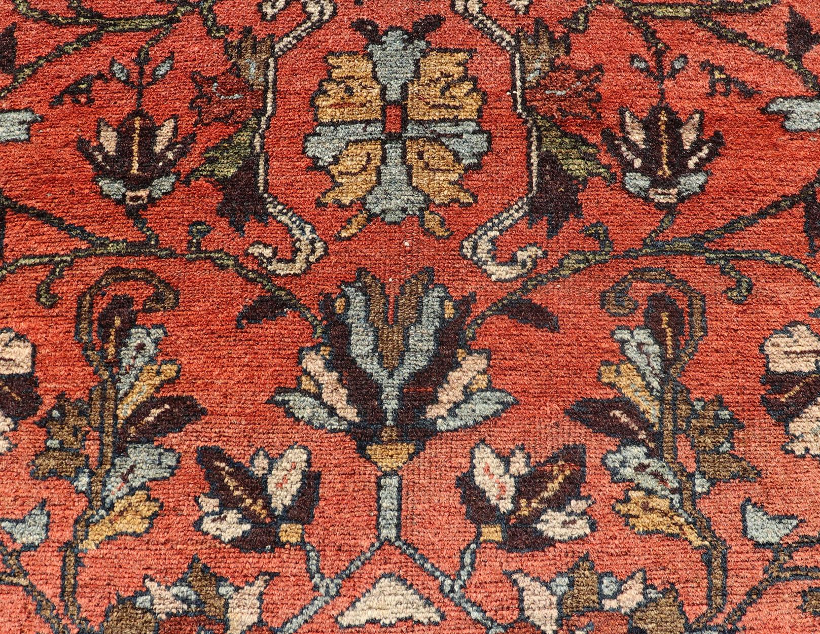 Wool Antique Persian Hamadan Carpet with Floral Designs in Soft Orange Red and Brown For Sale