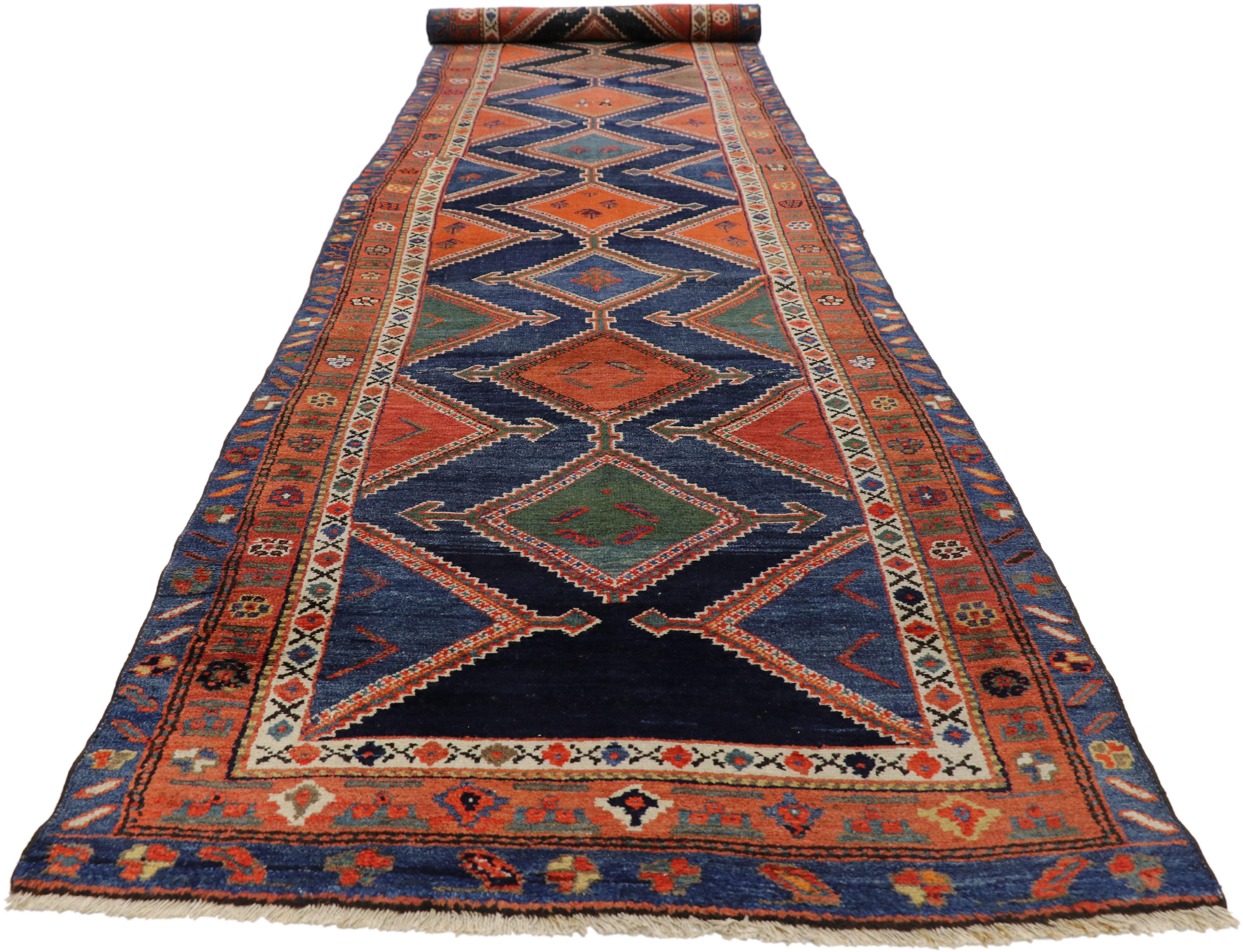 Hand-Knotted Antique Persian Hamadan Chenar Runner with Tribal Art Deco Style