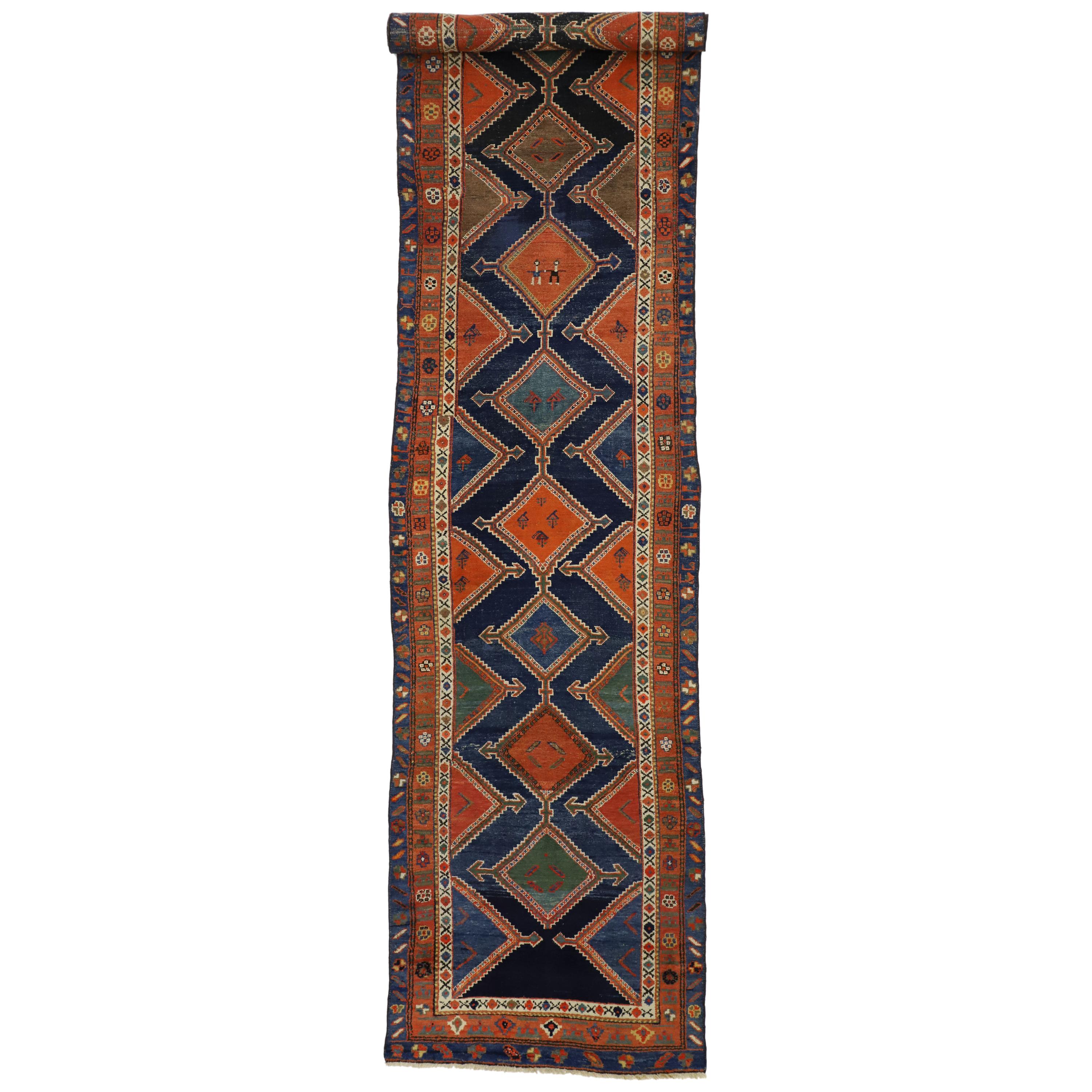 Antique Persian Hamadan Chenar Runner with Tribal Art Deco Style