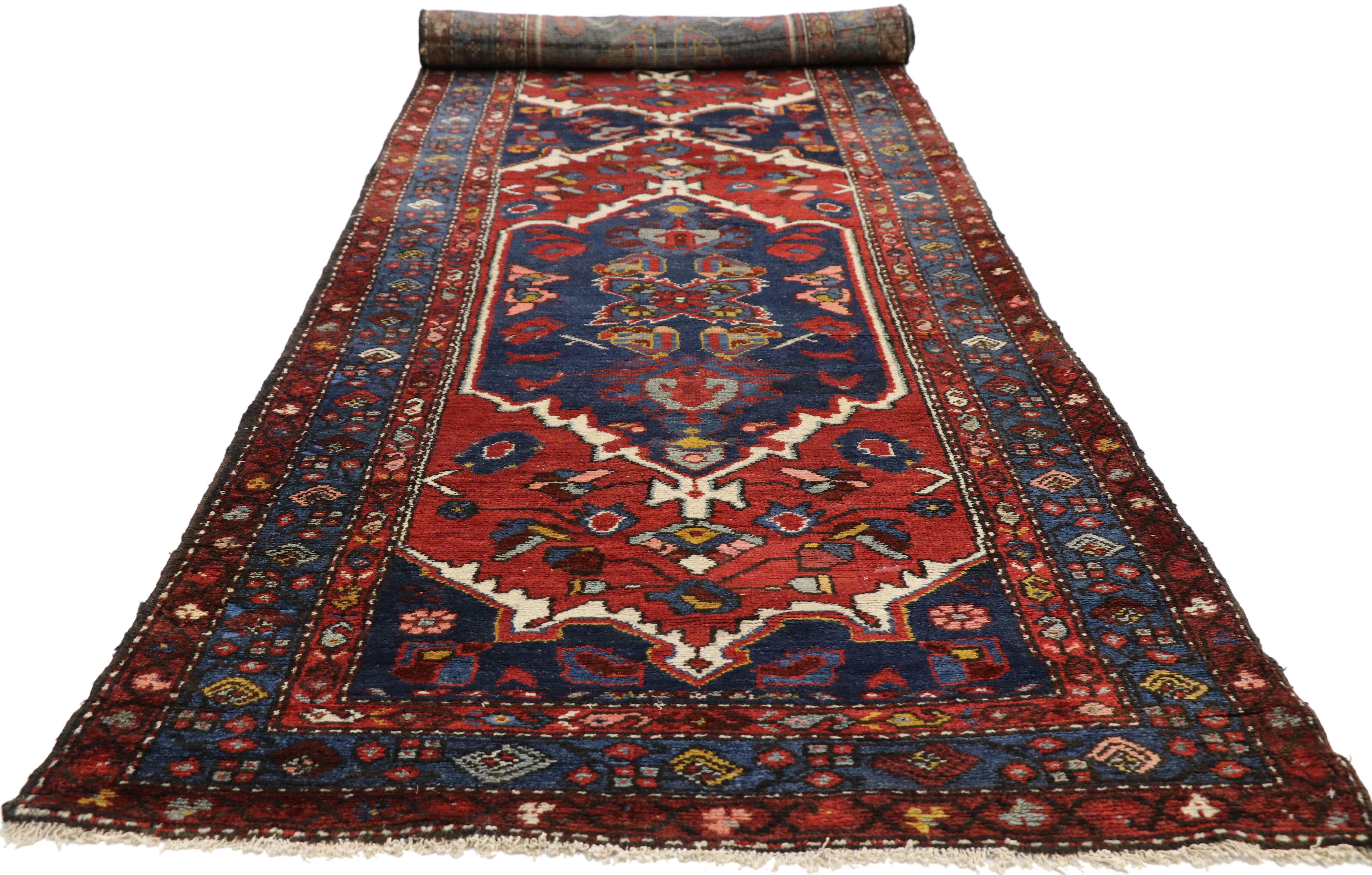 Hand-Knotted Antique Persian Hamadan Extra-Long Hallway Runner with English Manor Tudor Style