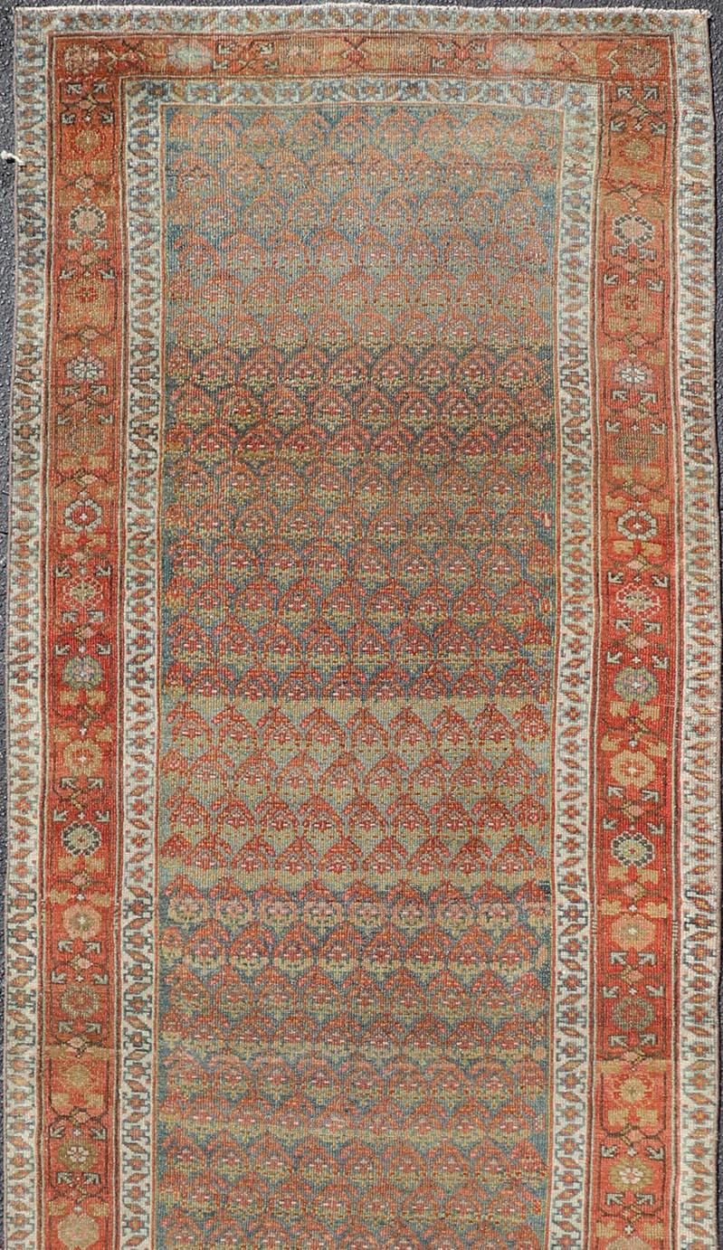 Hand-Knotted Antique Persian Hamadan Gallery Runner in Wool with All-Over Tribal Design For Sale