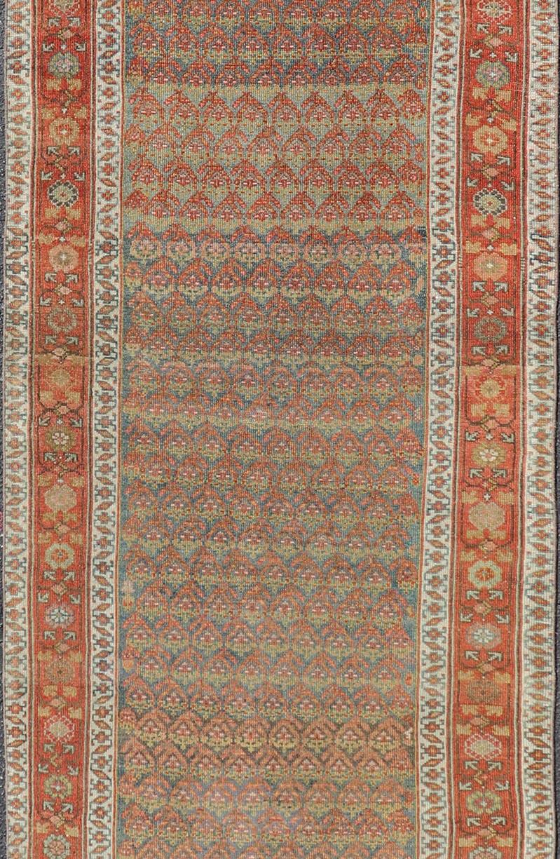 Antique Persian Hamadan Gallery Runner in Wool with All-Over Tribal Design In Good Condition For Sale In Atlanta, GA