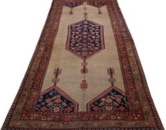 Antique Persian Hamadan Gallery Wool Rug with Blue Medallion Design