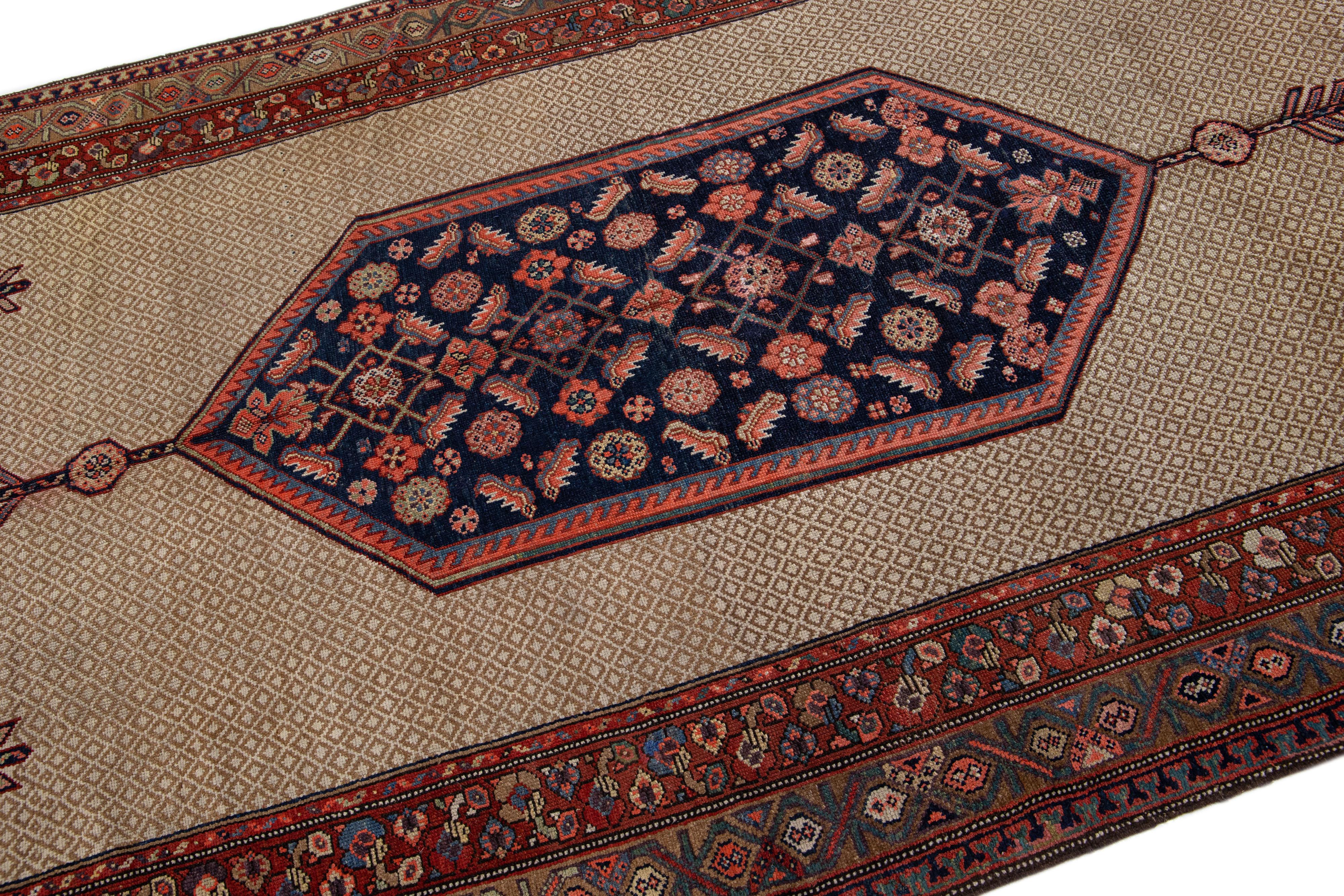 Islamic Antique Persian Hamadan Gallery Wool Rug with Blue Medallion Design For Sale