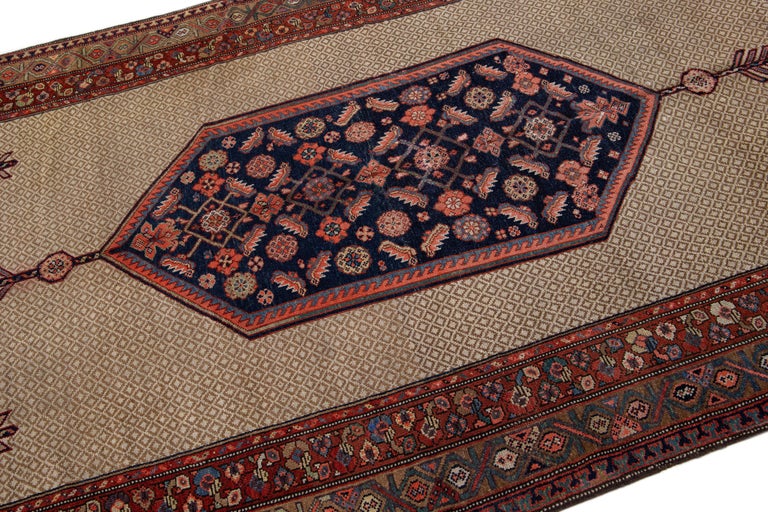 Antique Persian Hamadan Gallery Wool Rug With Blue Medallion Design For ...
