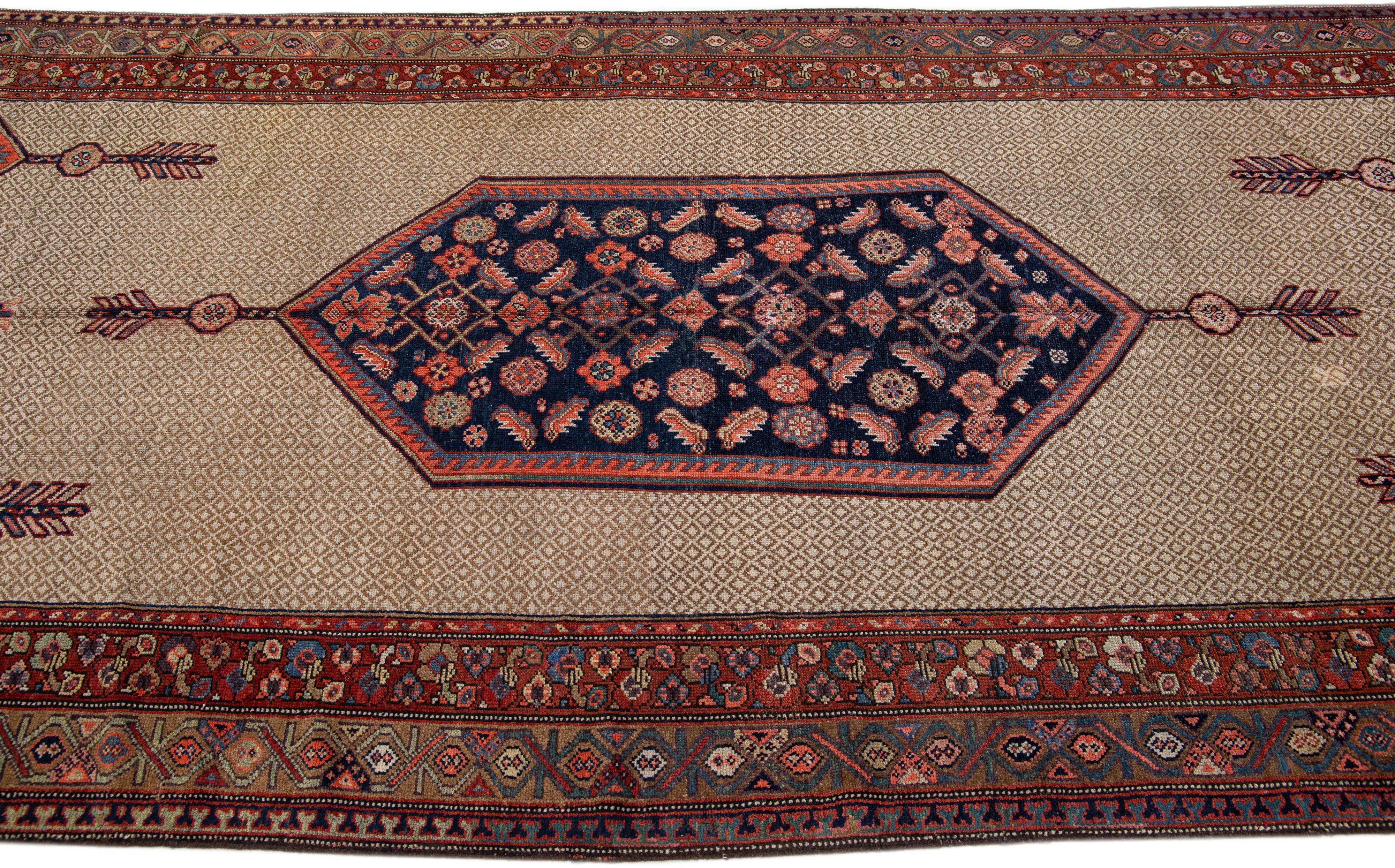 Hand-Knotted Antique Persian Hamadan Gallery Wool Rug with Blue Medallion Design For Sale