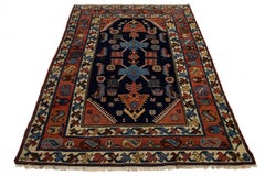Antique Persian Hamadan  Handmade Geometric Designed Wool Rug in Navy Blue