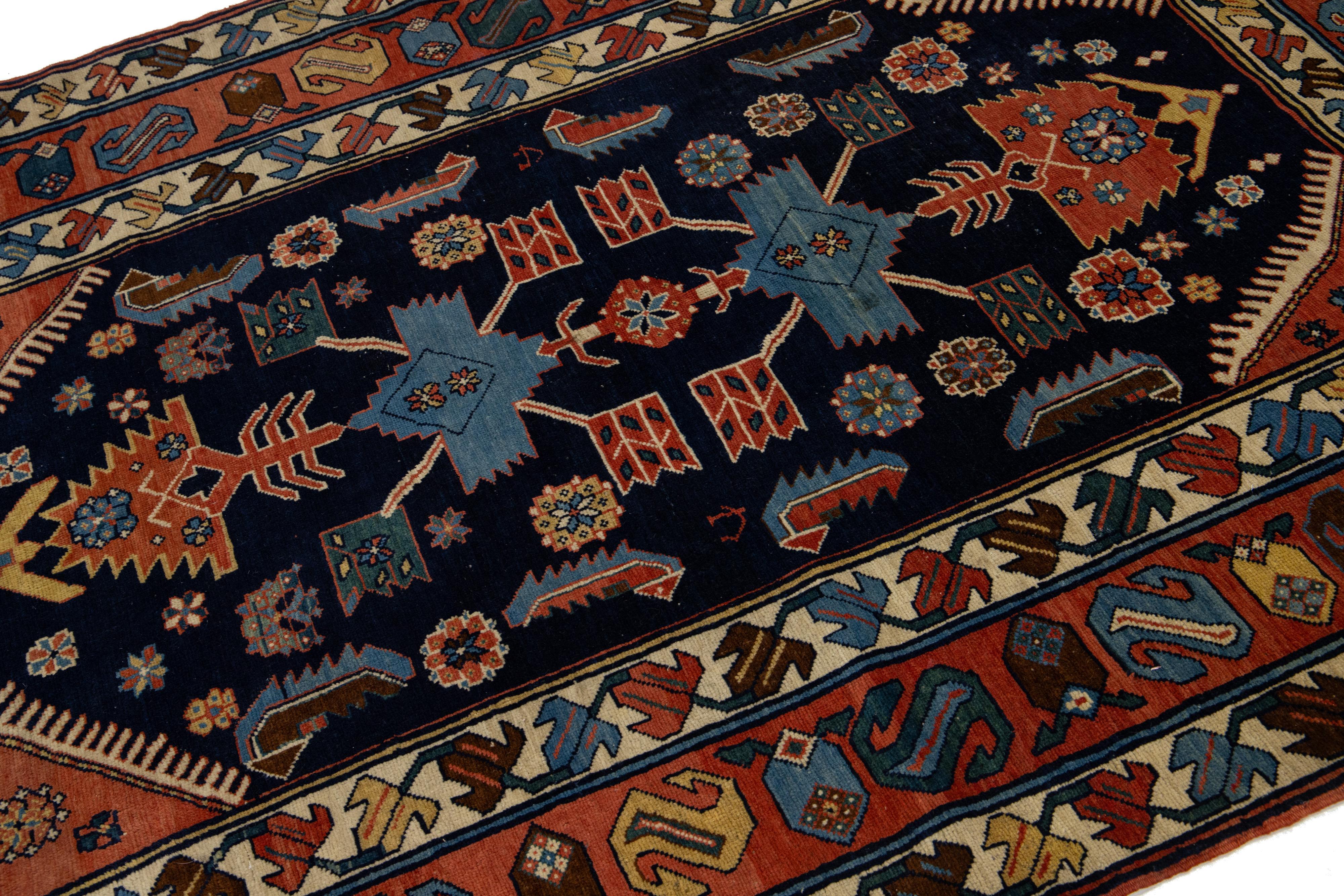Kashan Antique Persian Hamadan  Handmade Geometric Designed Wool Rug in Navy Blue For Sale