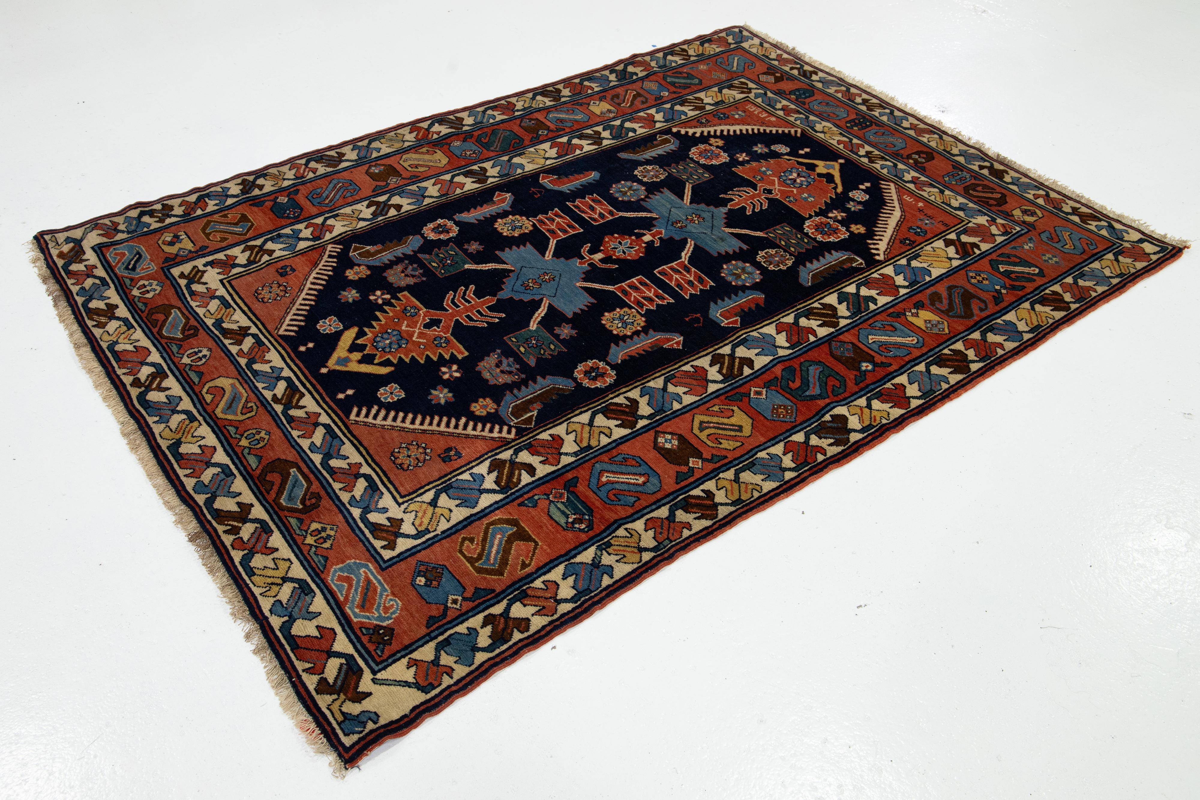 Hand-Knotted Antique Persian Hamadan  Handmade Geometric Designed Wool Rug in Navy Blue For Sale