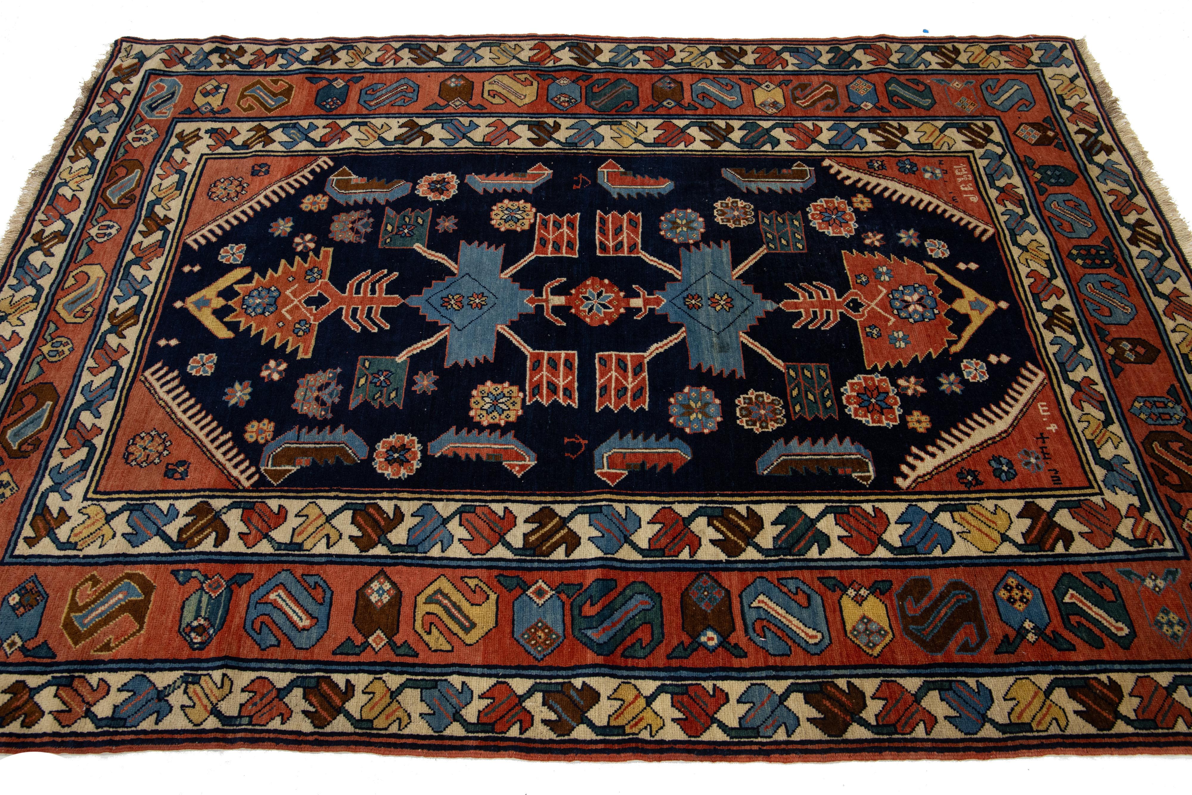 Antique Persian Hamadan  Handmade Geometric Designed Wool Rug in Navy Blue In Good Condition For Sale In Norwalk, CT