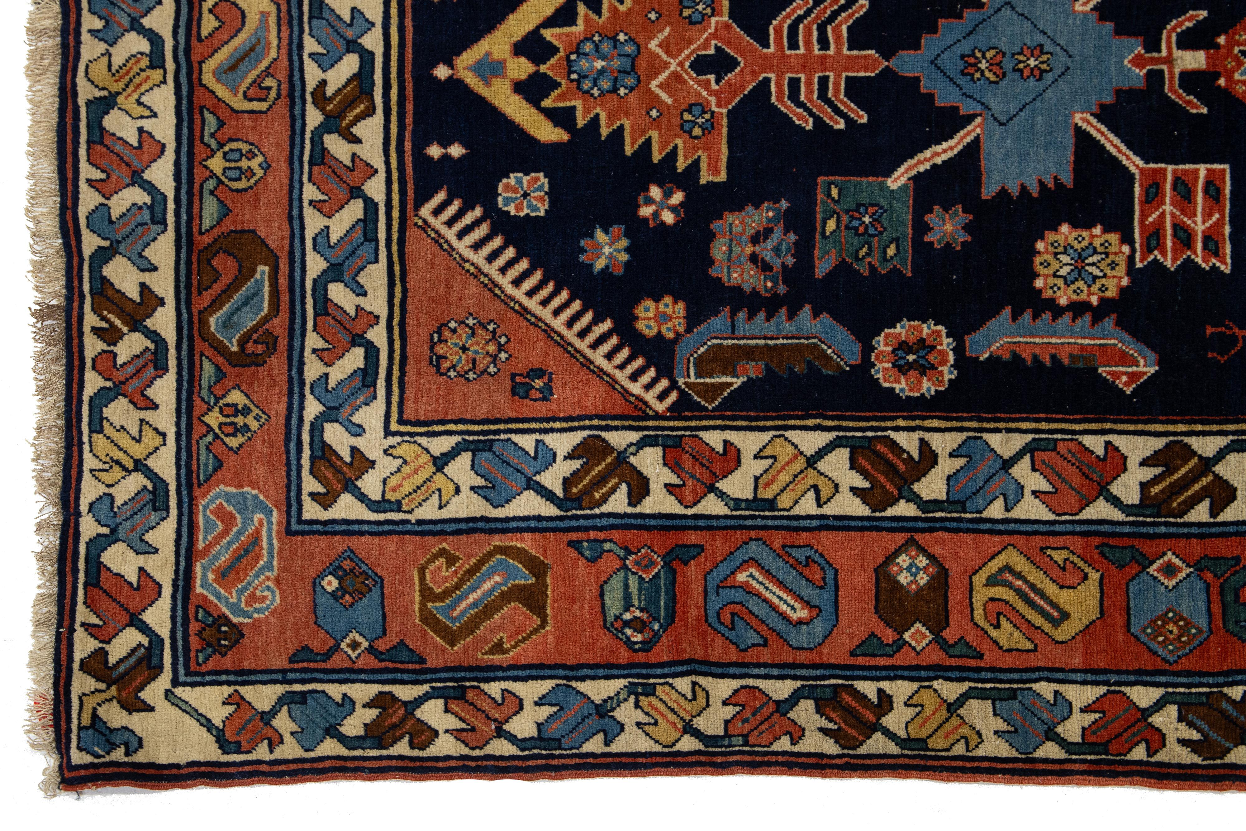 20th Century Antique Persian Hamadan  Handmade Geometric Designed Wool Rug in Navy Blue For Sale