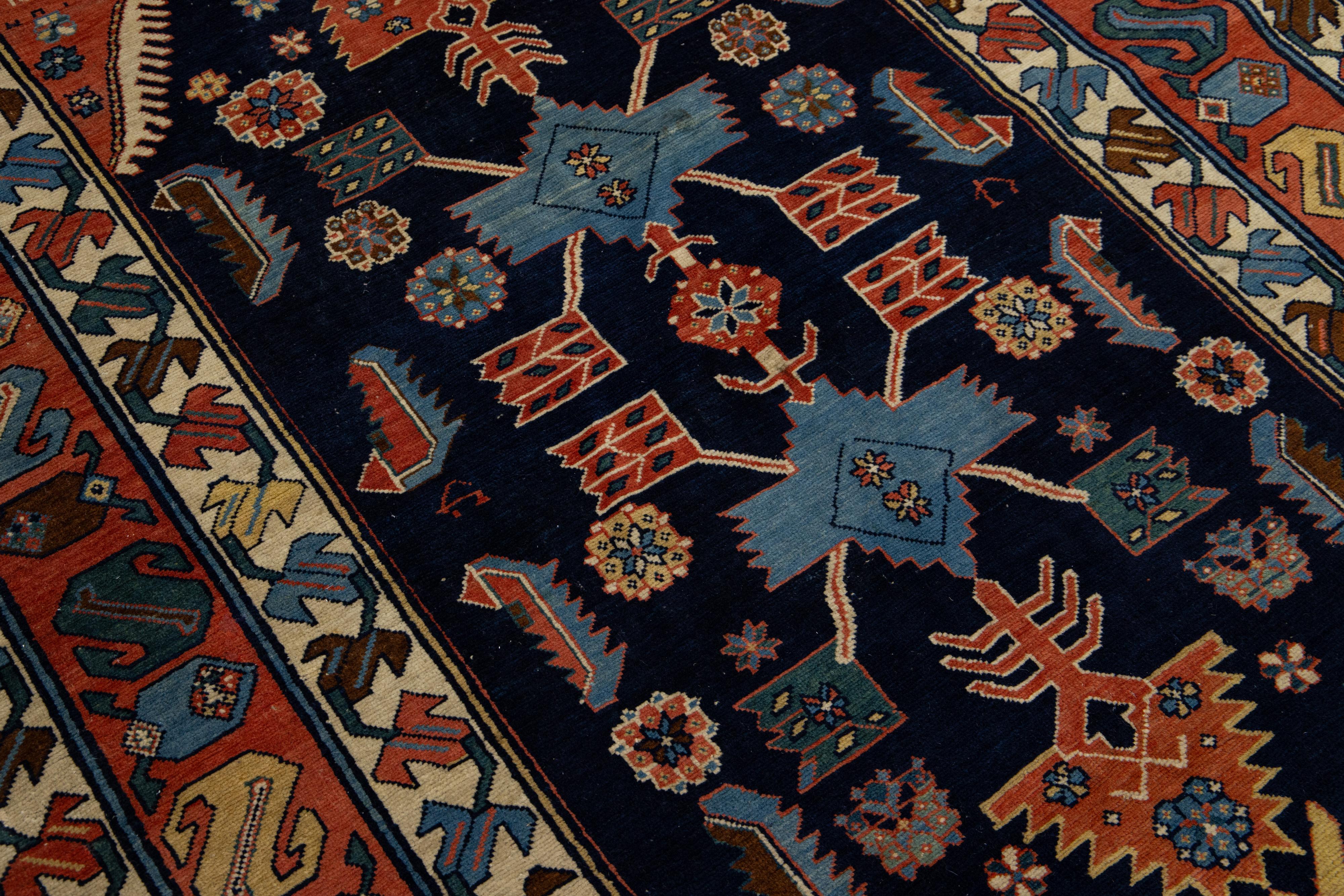 Antique Persian Hamadan  Handmade Geometric Designed Wool Rug in Navy Blue For Sale 1
