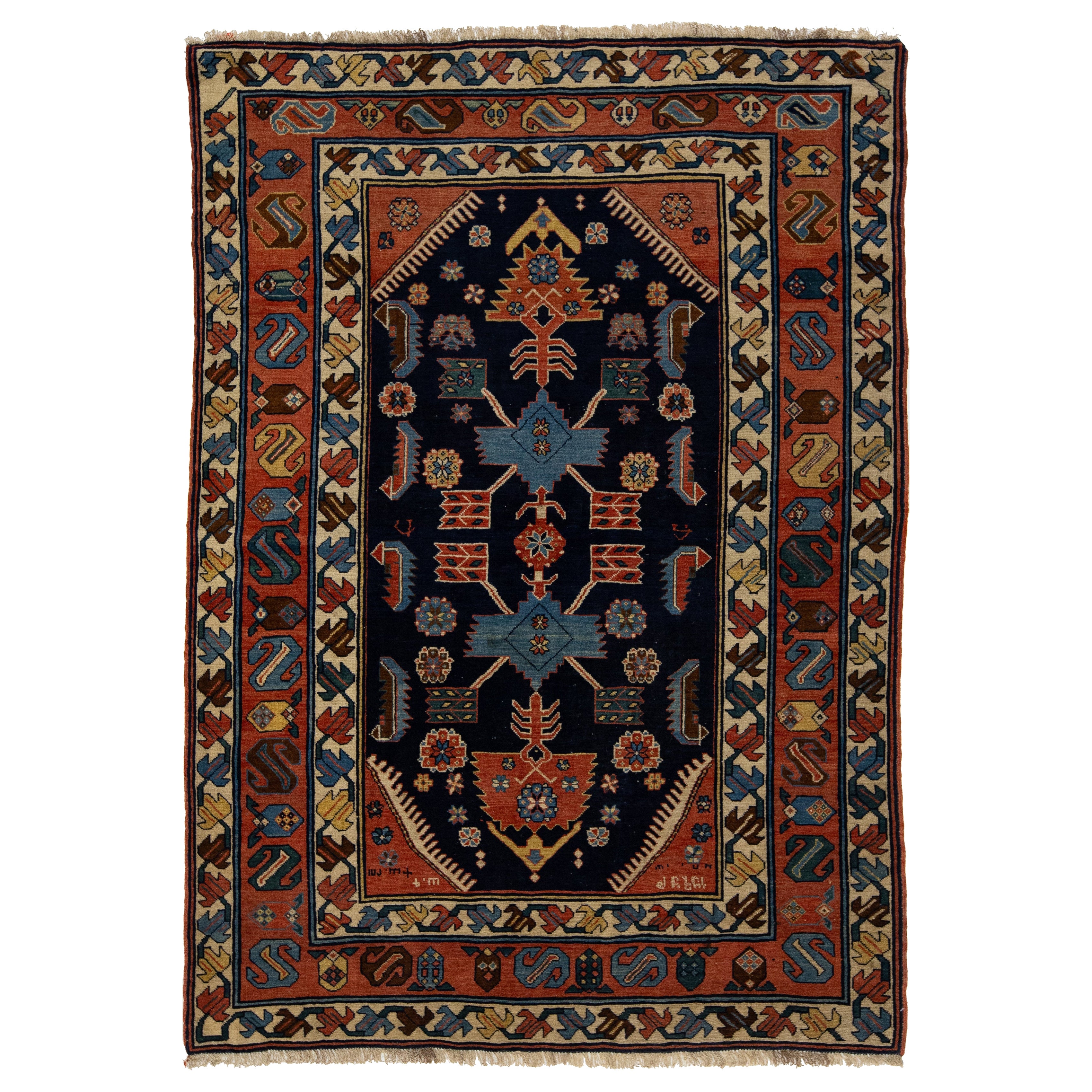 Antike persische Hamadan  Handgefertigter geometrisch gestalteter Wollteppich in Marineblau