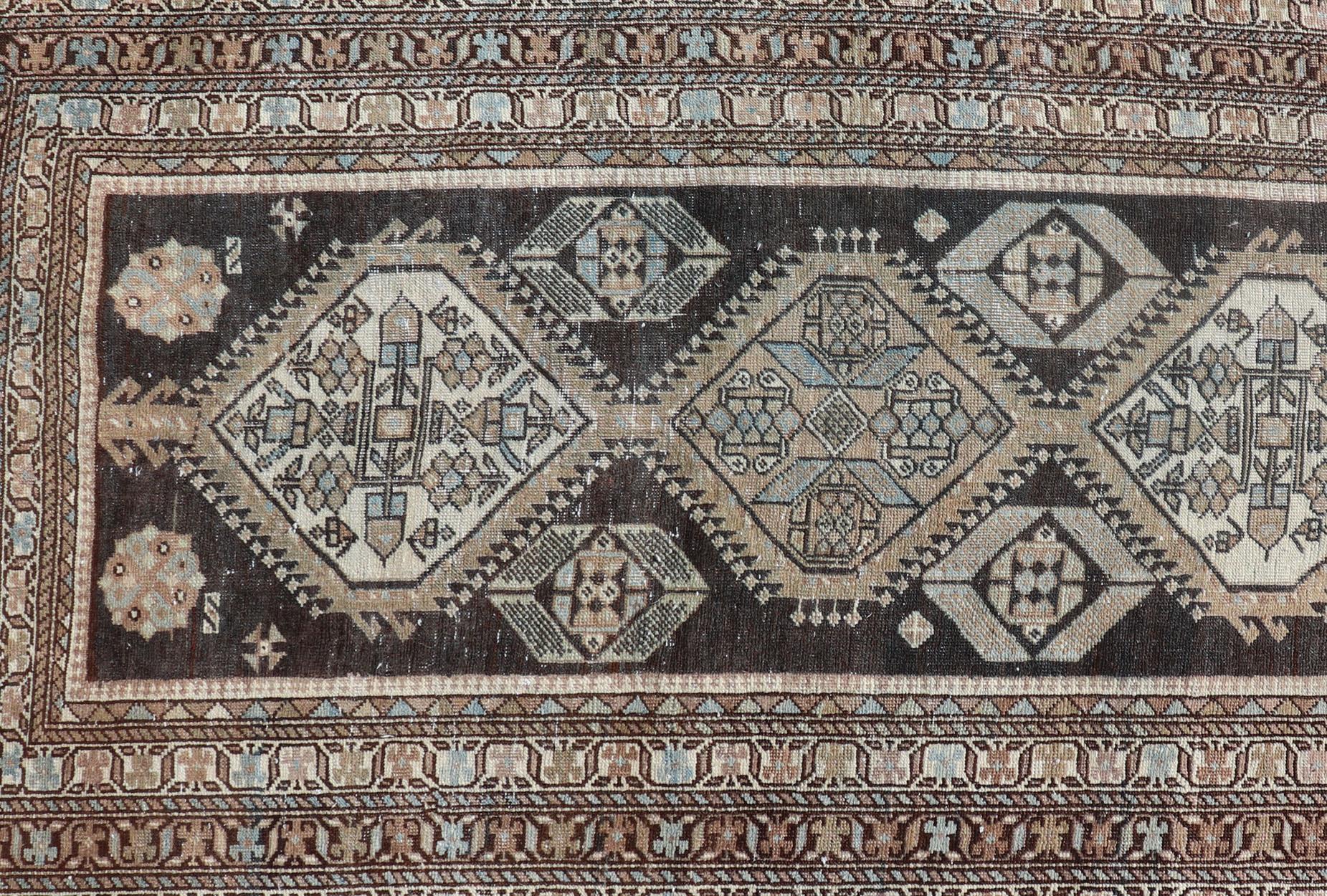 Antique Persian Hamadan Long Runner in Brown, Gray and Charcoal Background For Sale 5