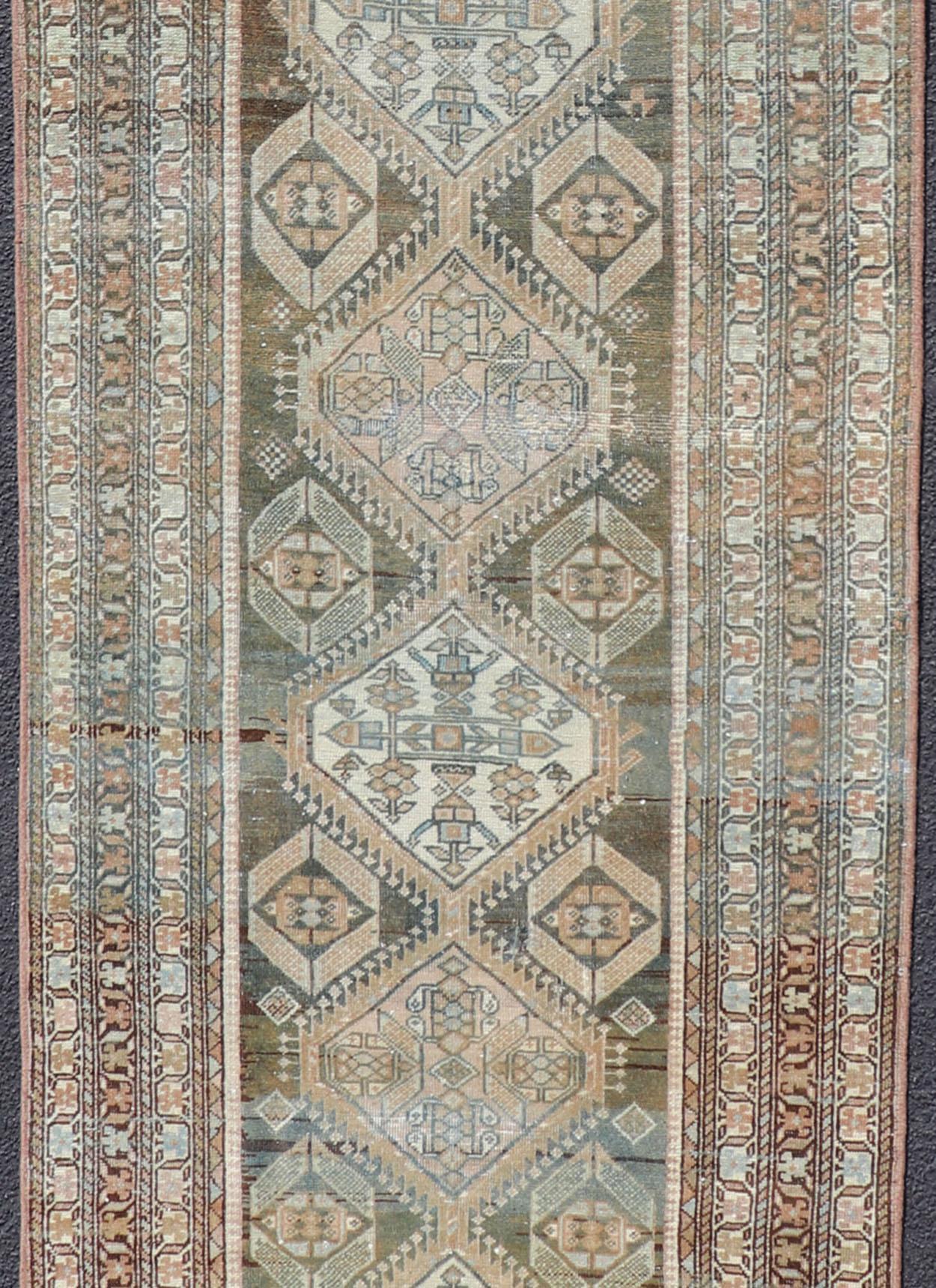 Long runner, Persian Hamadan antique Runner with all-over Diamond and geometric design in Brown, Charcoal and light blue/gray background. Other colors include Khaki, Tan, Taupe, Light rust and neutrals. multi-colors, rug SUS-2012-739, country of