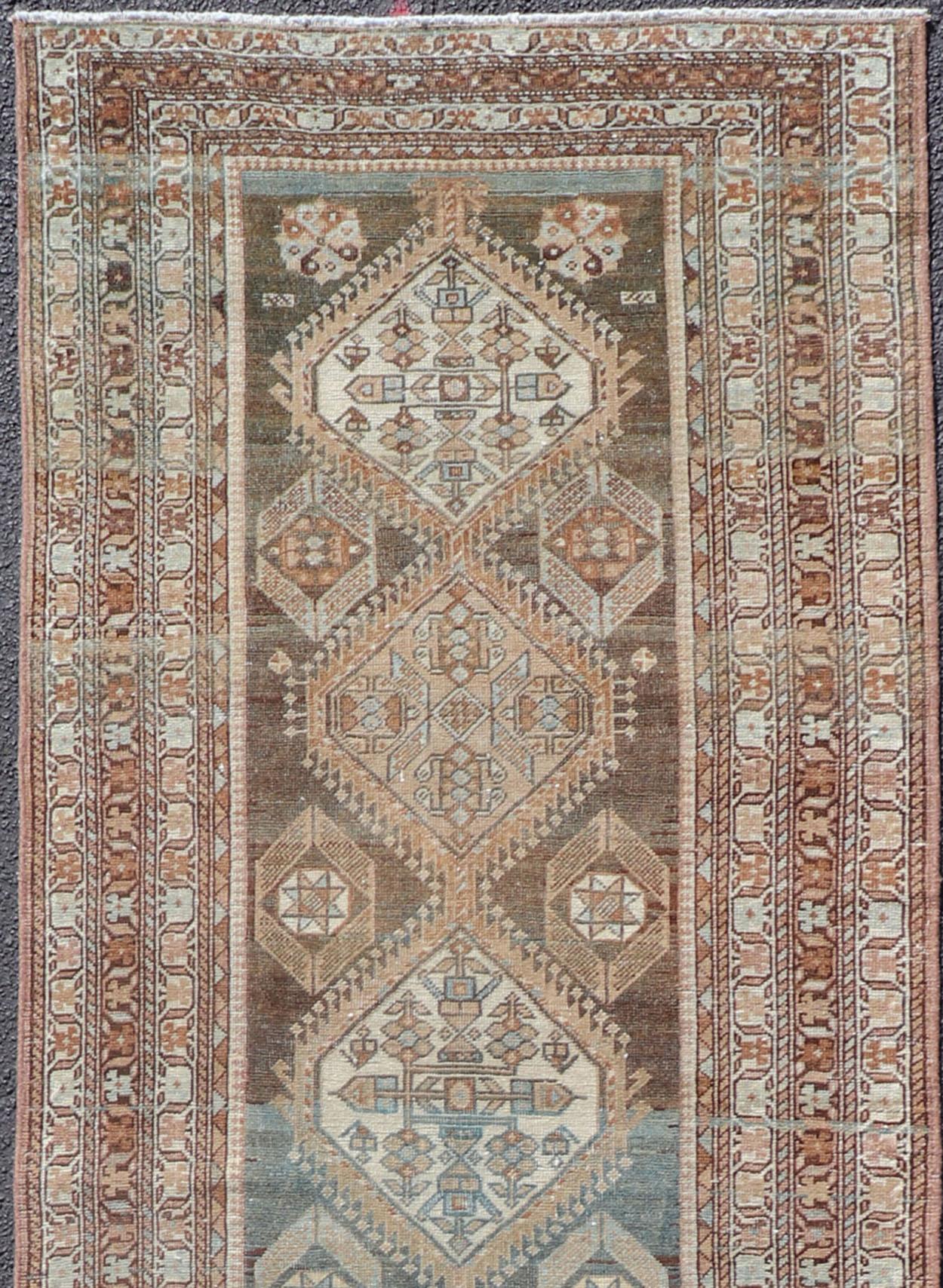 Malayer Antique Persian Hamadan Long Runner in Brown, Gray and Charcoal Background For Sale