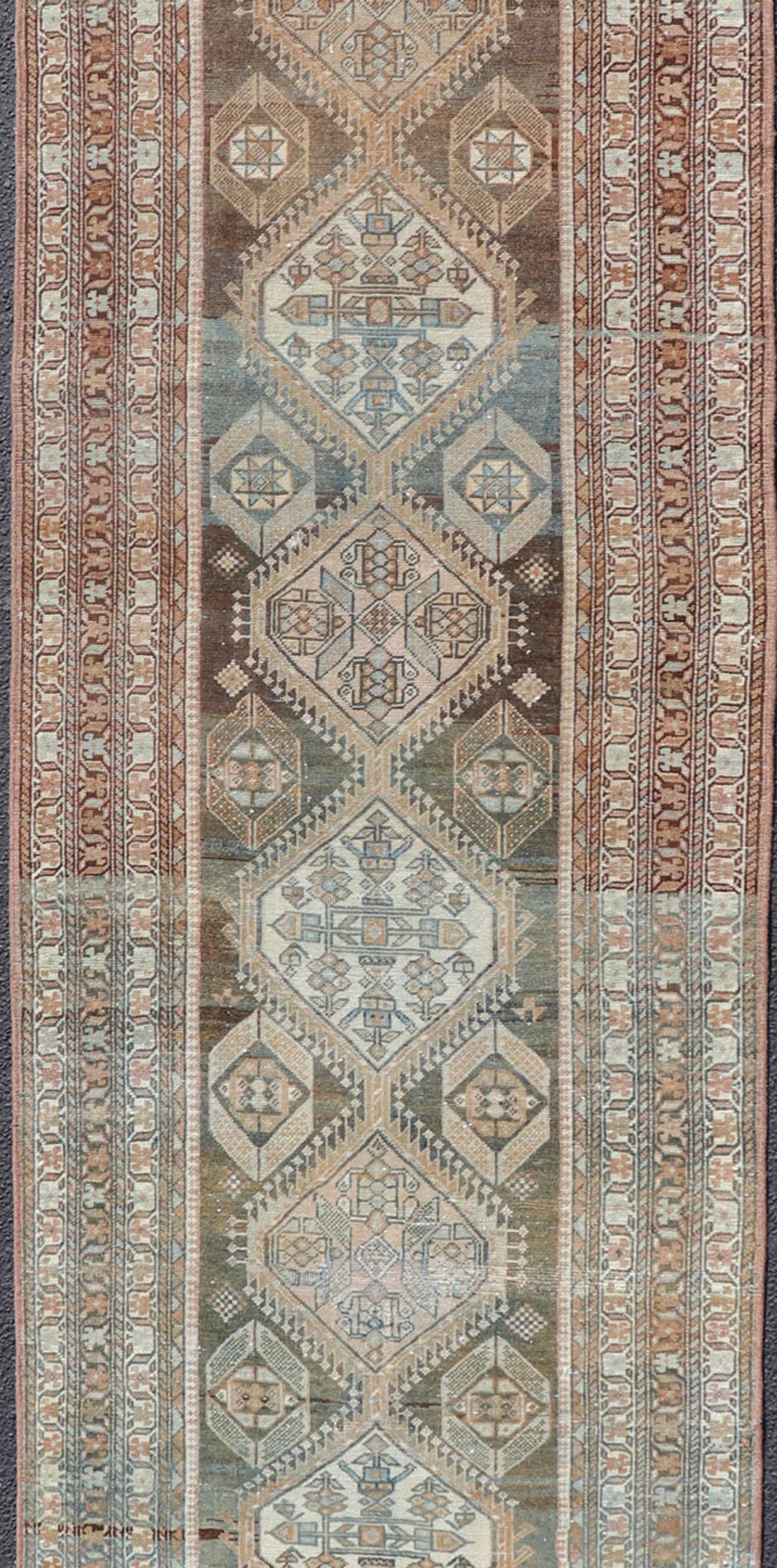 Hand-Knotted Antique Persian Hamadan Long Runner in Brown, Gray and Charcoal Background For Sale