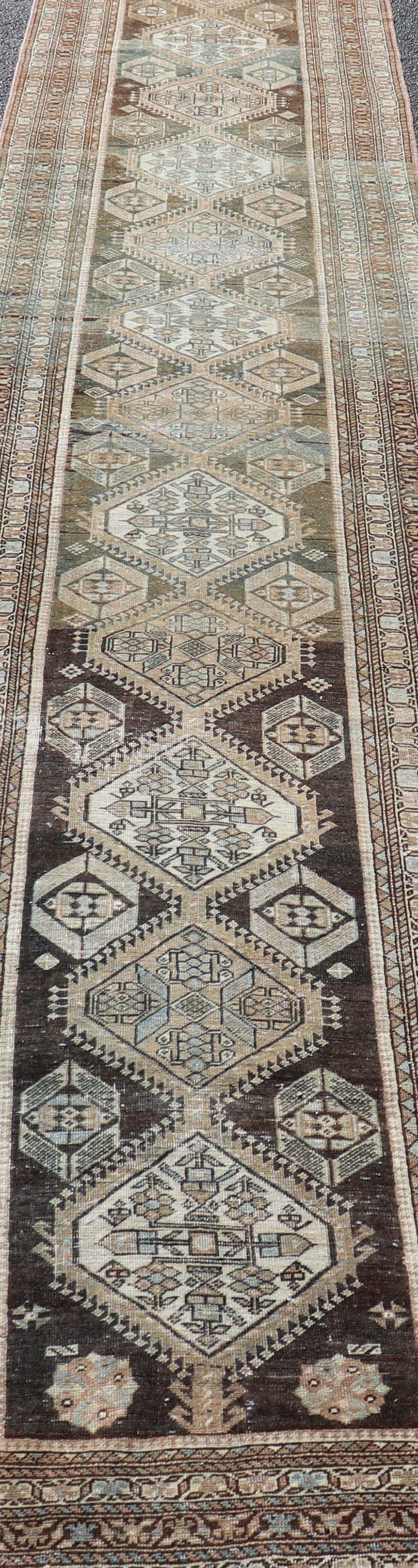 Wool Antique Persian Hamadan Long Runner in Brown, Gray and Charcoal Background For Sale