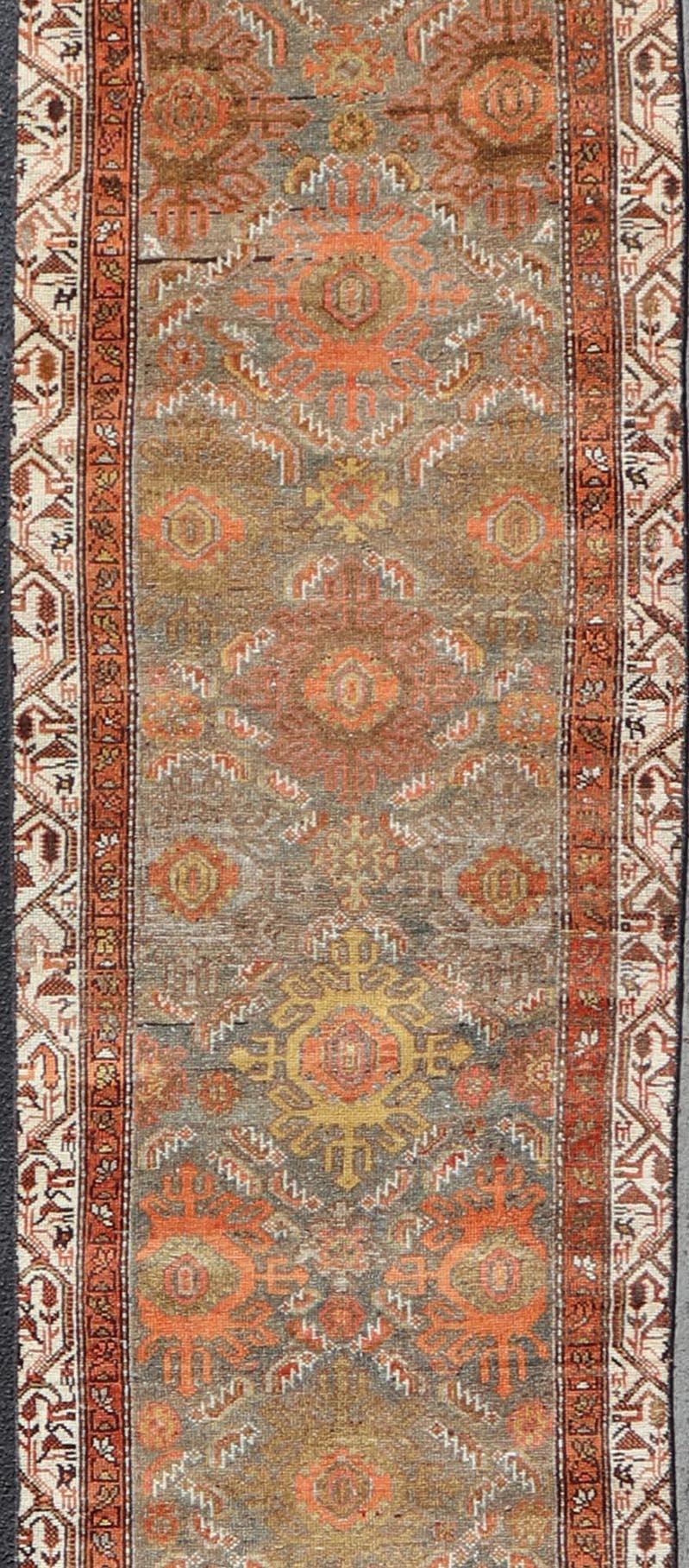 Hand-Knotted Antique Persian Hamadan Long Runner in Brown, Gray and Earth Tones For Sale