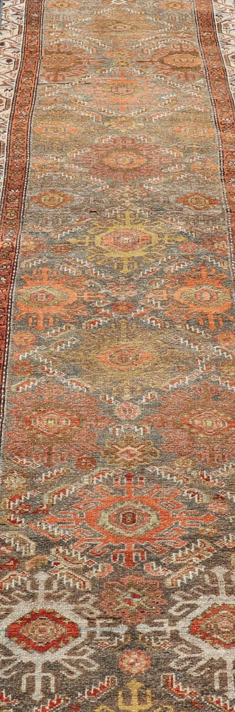 Wool Antique Persian Hamadan Long Runner in Brown, Gray and Earth Tones For Sale