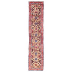 Antique Persian Hamadan Long Runner with Geometric Motifs in Light Camel Field
