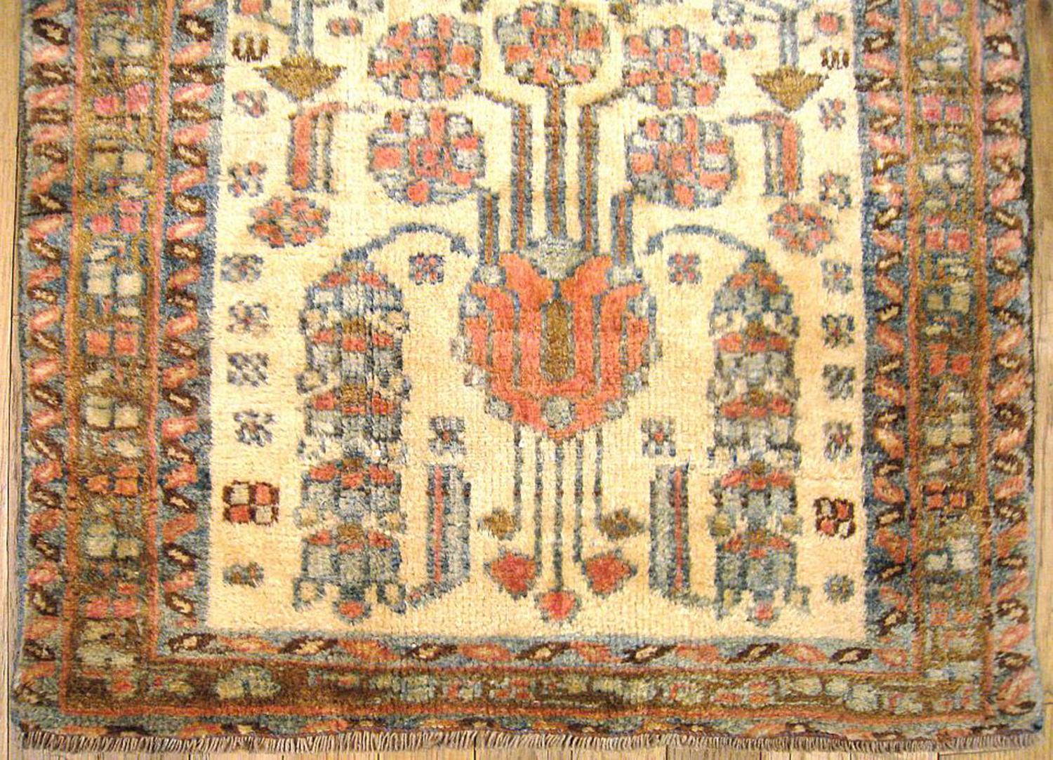 Hand-Knotted Antique Persian Hamadan Oriental Rug, in Small Size with Ivory Field and Flowers
