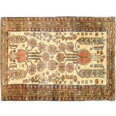 Antique Persian Hamadan Oriental Rug, in Small Size with Ivory Field and Flowers