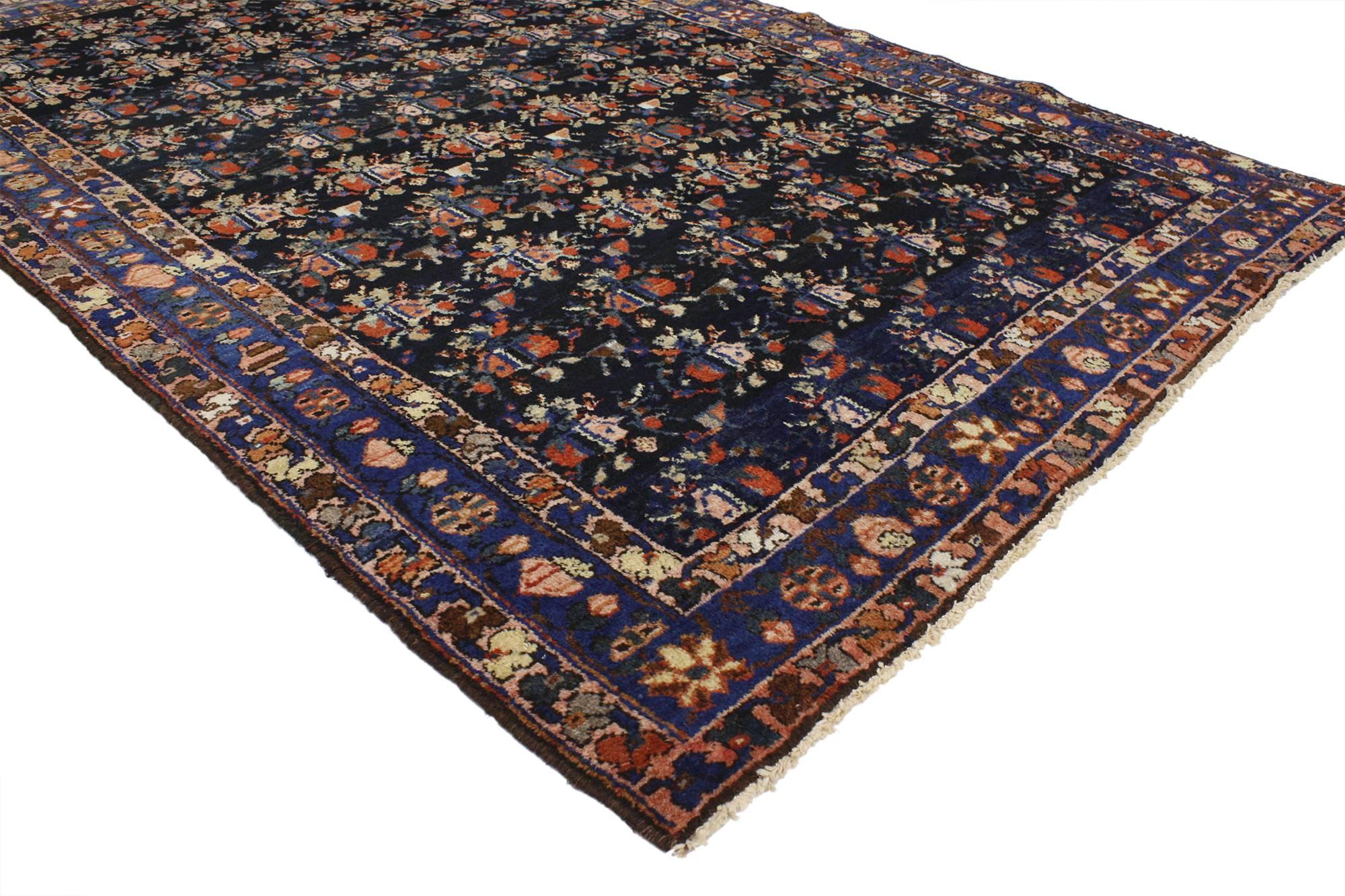 76954, Antique Persian Hamadan Rug with Art Deco Style, Entry or Foyer Rug. Bright floral bunches on a dark field create the allover stylized floral pattern of this hand-knotted wool antique Persian Hamadan accent rug. Three decorative guard borders