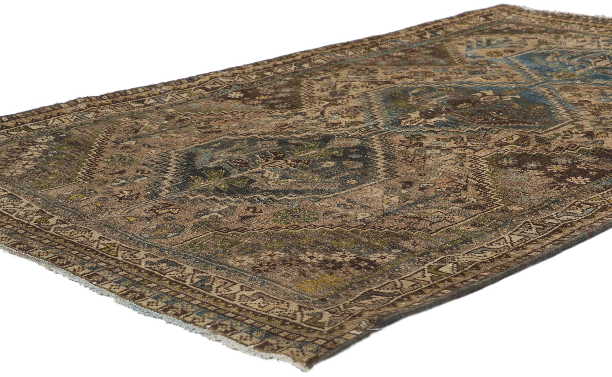 60995 Antique Persian Hamadan Rug,  03'06 x 05'05.
Prepare to be transported to a mystical realm of captivating wonder summoning visions of ancient tribal enchantments with this hand knotted wool antique Persian Hamadan rug appearing as your magic