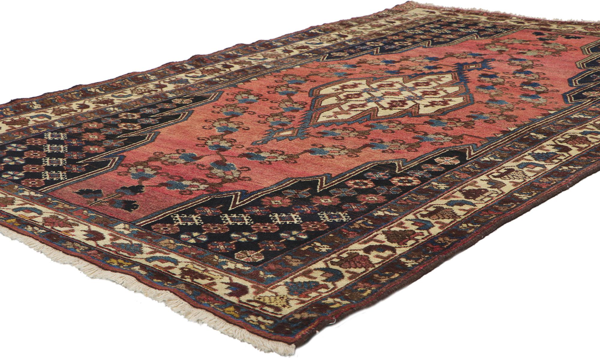 60966 Antique Persian Hamadan Rug, 04'01 x 06'05.
Midcentury Modern meets tribal enchantment in this hand knotted wool antique Persian Hamadan rug. Like a time capsule from the caraismatic nomads, it boasts an intrinsic tribal design that's sure to