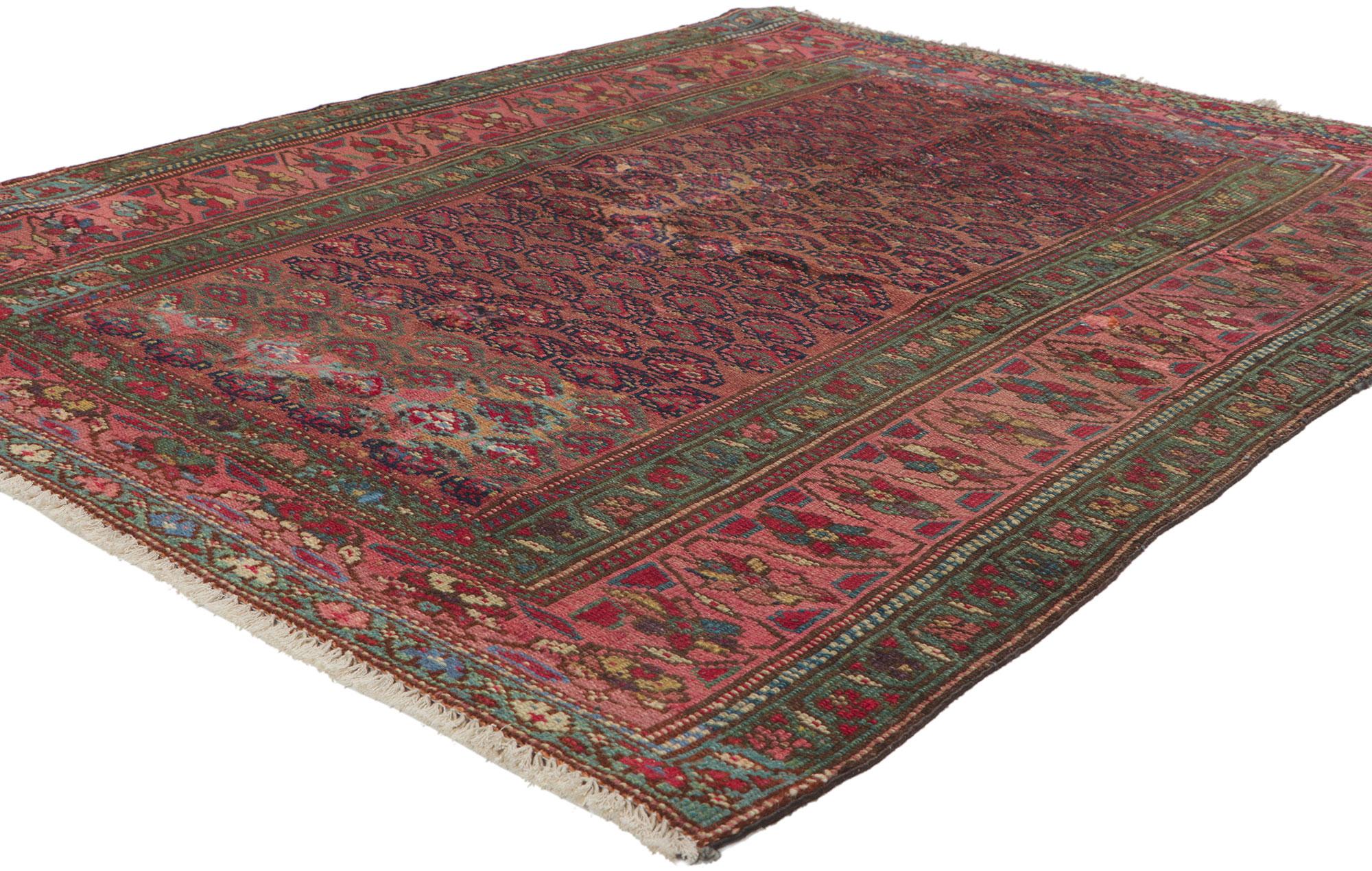 ?61123 Antique Persian Hamadan rug, 03'11 x 04'11.
With its timeless style, incredible detail and texture, this hand knotted wool antique Persian Hamadan rug is a captivating vision of woven beauty. The repeating boteh design and traditional color
