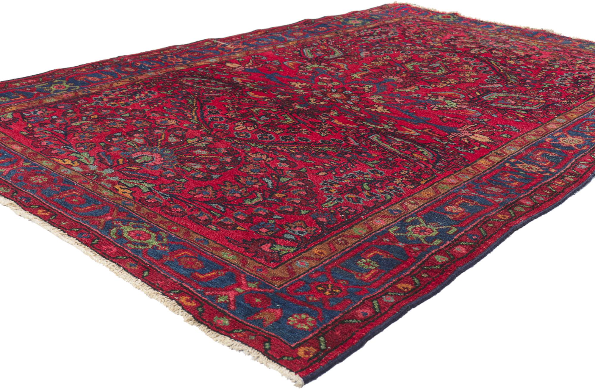 ?78453 Antique Persian Hamadan rug, 04'06 x 06'07.
With its timeless design, incredible detail and texture, this hand-knotted wool antique Persian Hamadan rug is poised to impress. The eye-catching stylized floral pattern and saturated color