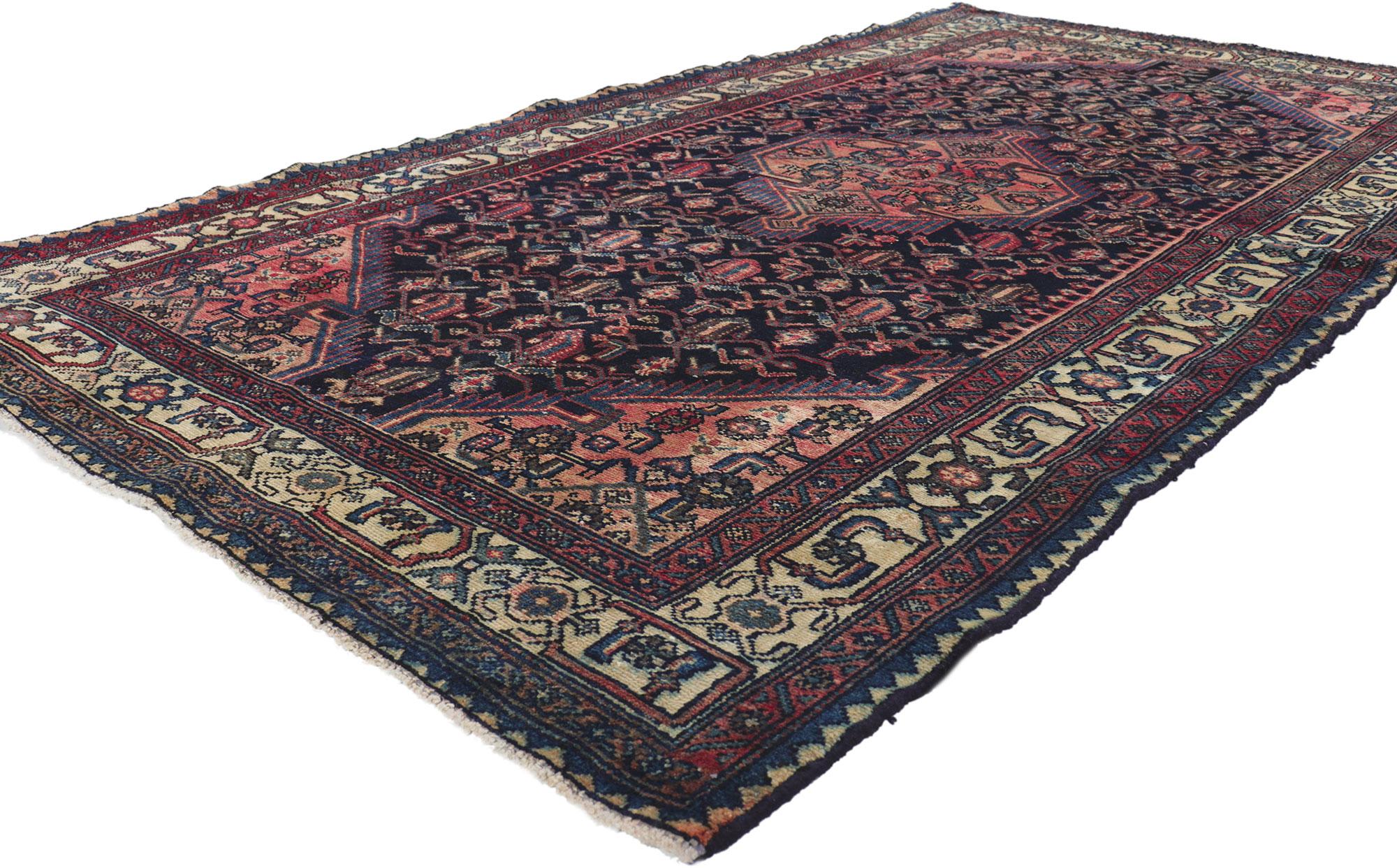 61185 Antique Persian Hamadan Rug, 04.05 x 08.03.
With its timeless style, incredible detail and texture, this hand knotted wool antique Persian Hamadan rug is poised to impress. The eye-catching Herati design and traditional color palette woven