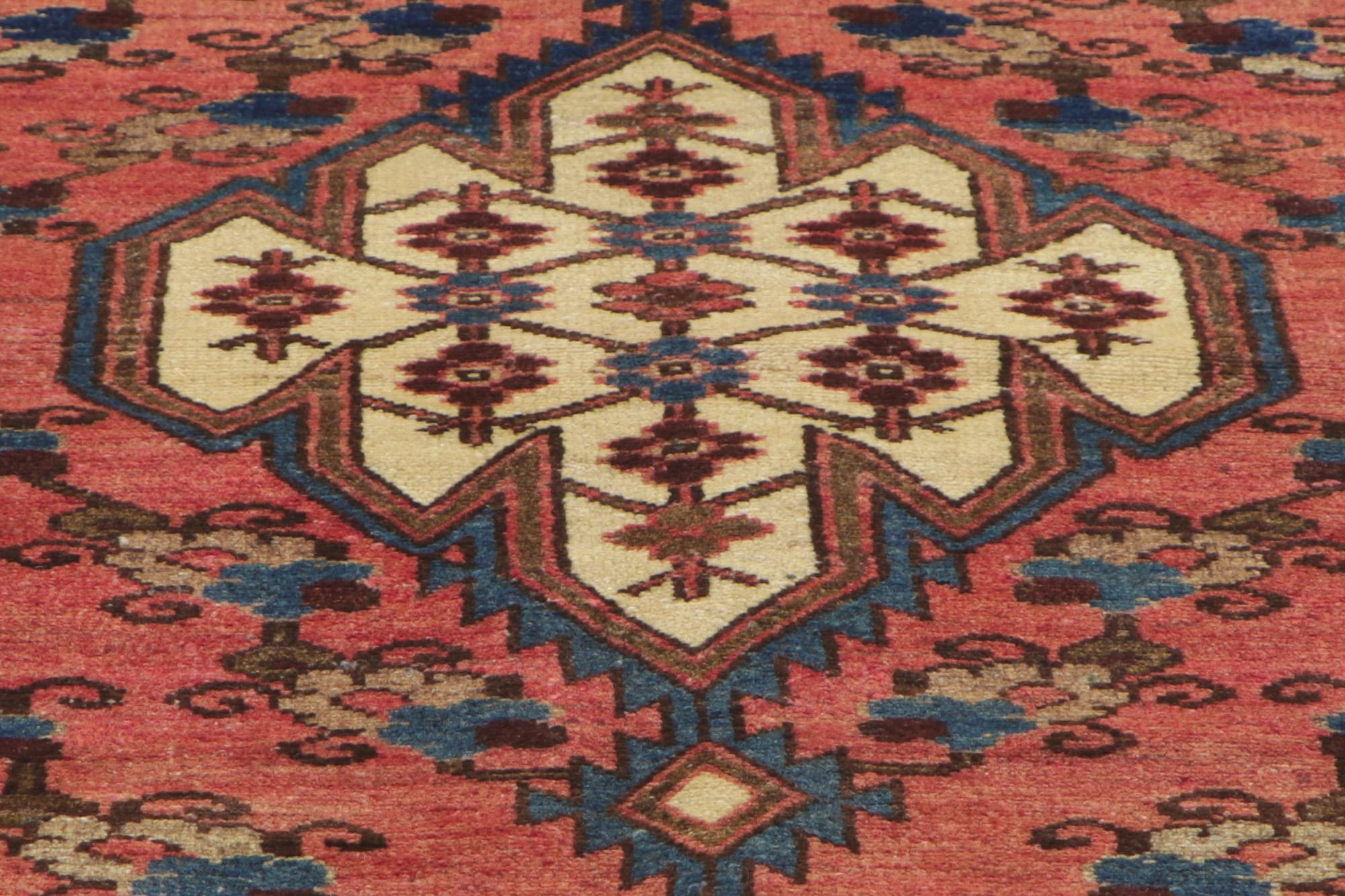 Antique Persian Hamadan Rug, Midcentury Modern Meets Tribal Enchantment In Good Condition For Sale In Dallas, TX