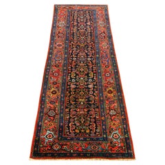 Tapis persan antique Hamadan, taille tapis de couloir avec motif Herati répété et poil épais