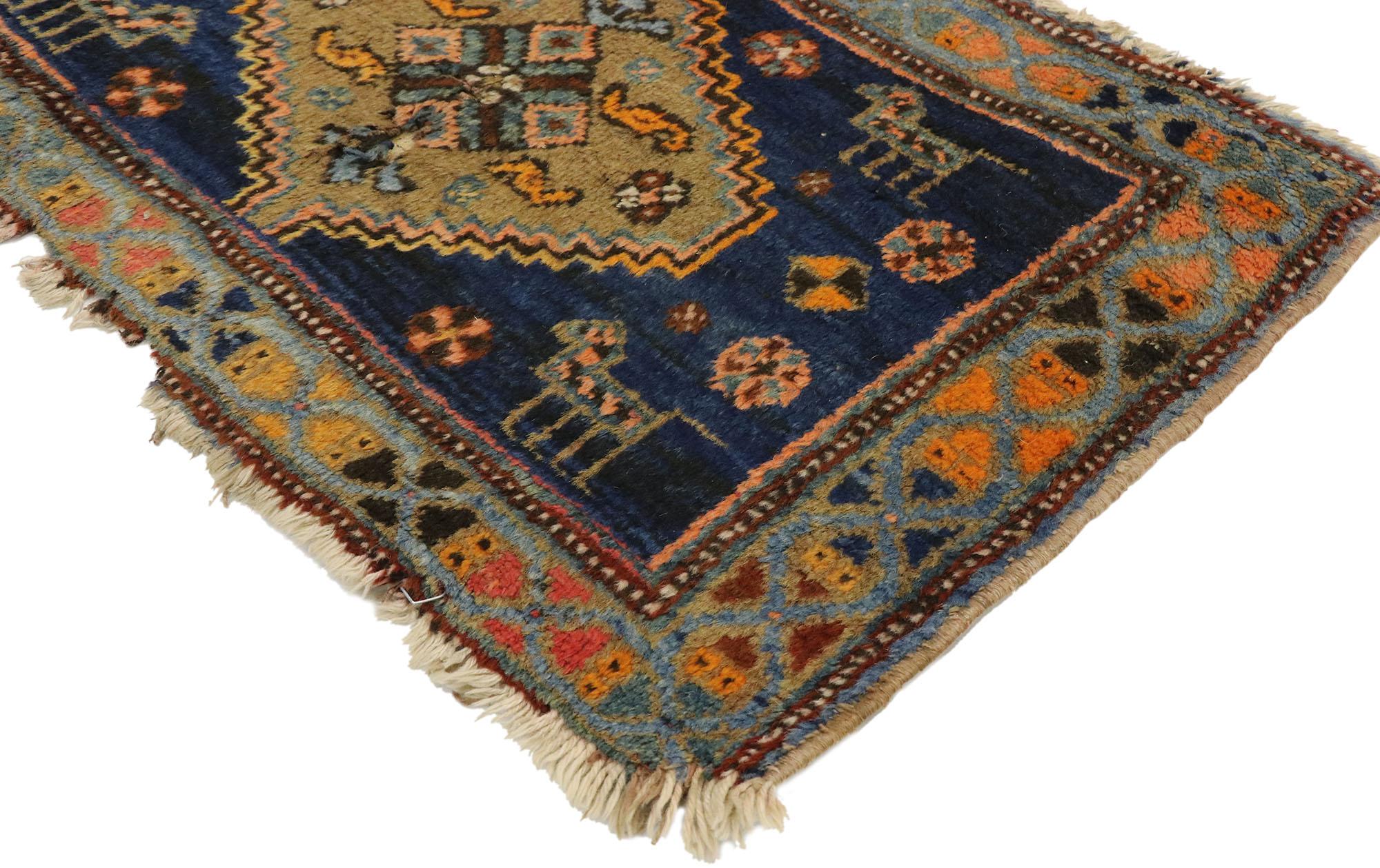 72553 Distressed Antique-Worn Persian Hamadan Rug, 01'08 x 02'08. Embark on a journey where nomadic charm seamlessly intertwines with tribal enchantment in this hand-knotted wool antique-worn Persian Hamadan rug. At its core, a stepped lozenge