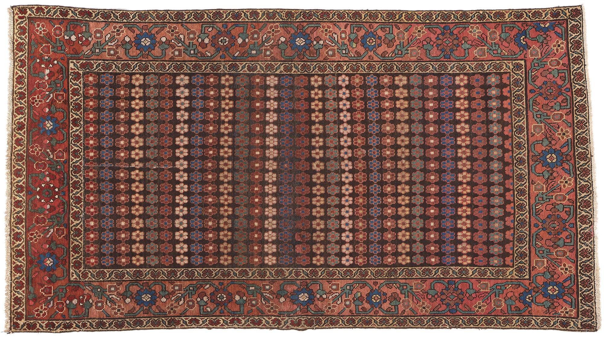 Antique Persian Hamadan Rug, Earth-Tone Elegance Meets Flower Power For Sale 1