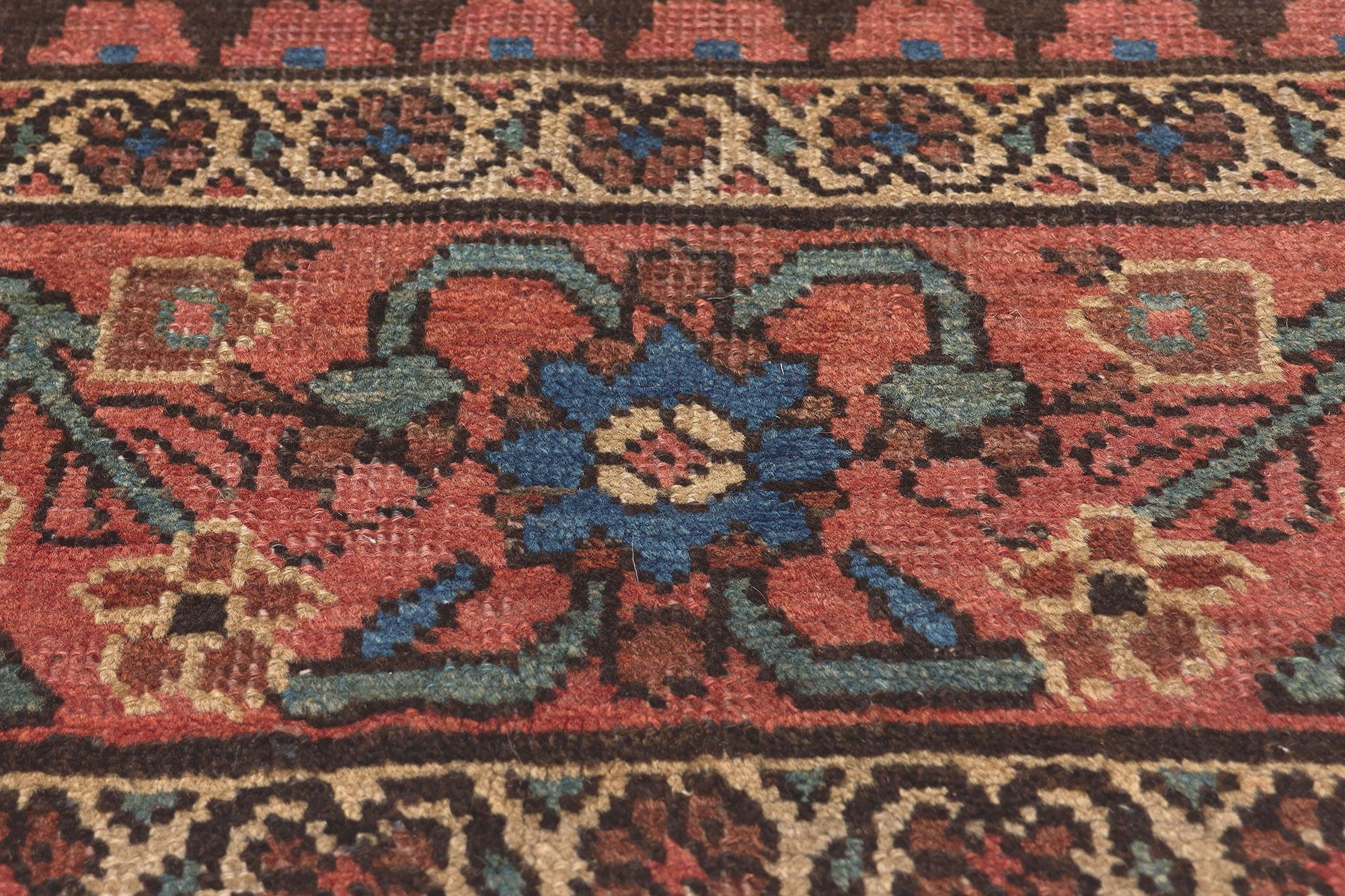 Arts and Crafts Antique Persian Hamadan Rug, Earth-Tone Elegance Meets Flower Power For Sale