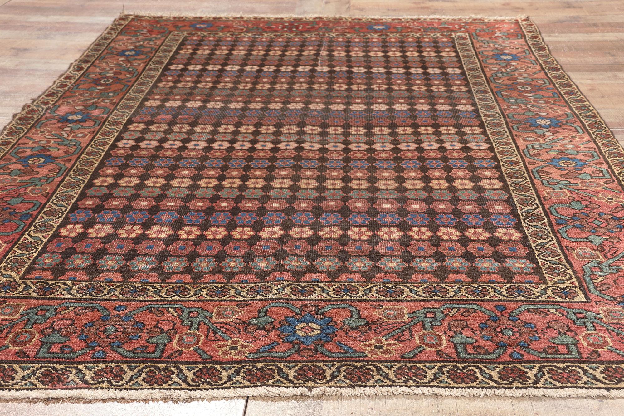 20th Century Antique Persian Hamadan Rug, Earth-Tone Elegance Meets Flower Power For Sale