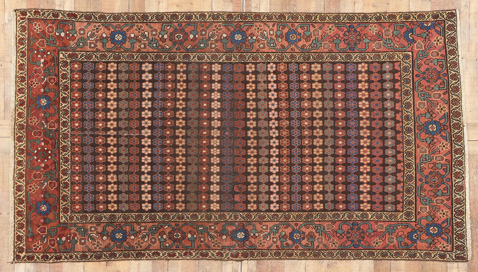 Wool Antique Persian Hamadan Rug, Earth-Tone Elegance Meets Flower Power For Sale