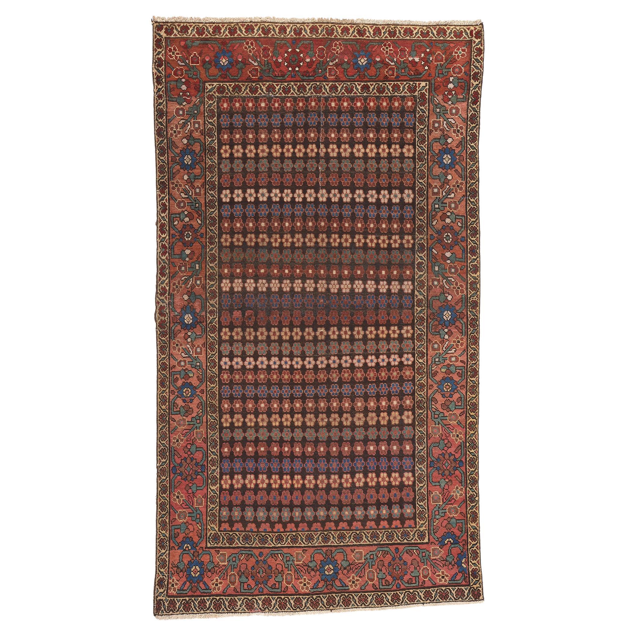 Antique Persian Hamadan Rug, Earth-Tone Elegance Meets Flower Power For Sale