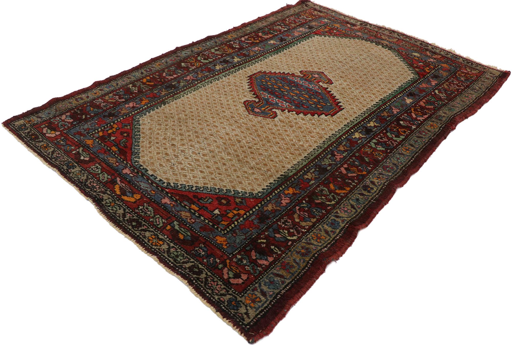 77568, antique Persian Hamadan rug with Arts & Crafts style. This hand knotted wool antique Persian Hamadan rug features a serrated hexagonal medallion with anchor pendants floating in the center of an abrashed patterned field. The medallion,