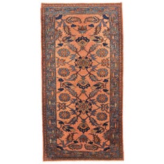 Antique Persian Hamadan Rug with Blue and Brown Flower Details on Pink Field
