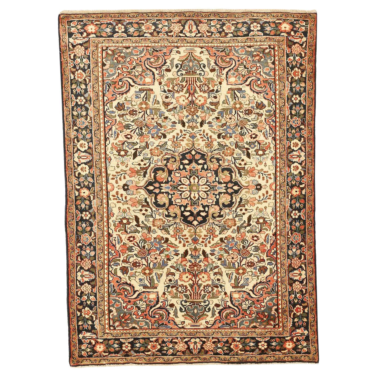 Antique Persian Hamadan Rug with Blue and Green Floral Details on Ivory Field For Sale